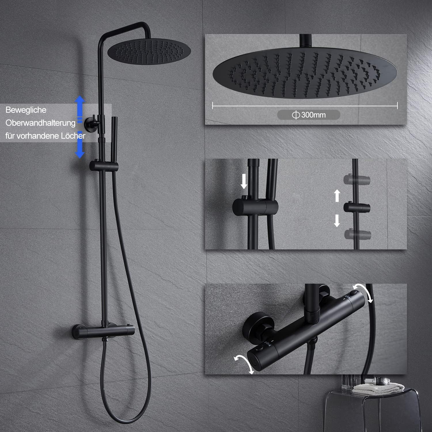 Detalle de JOHO Colonna Doccia in Acciaio INOX con Miscelatore Termostatica e Set Doccia a Pioggia da 30 cm Nero