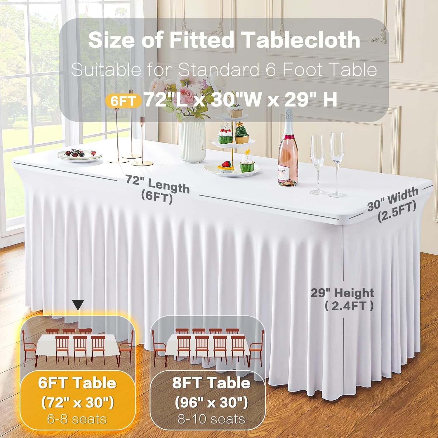 Thumbnail 5 de 8-Pack White Wavy Spandex Tablecloths for 6-Foot Rectangle Tables (Wrinkle-Resistant Fitted Covers)