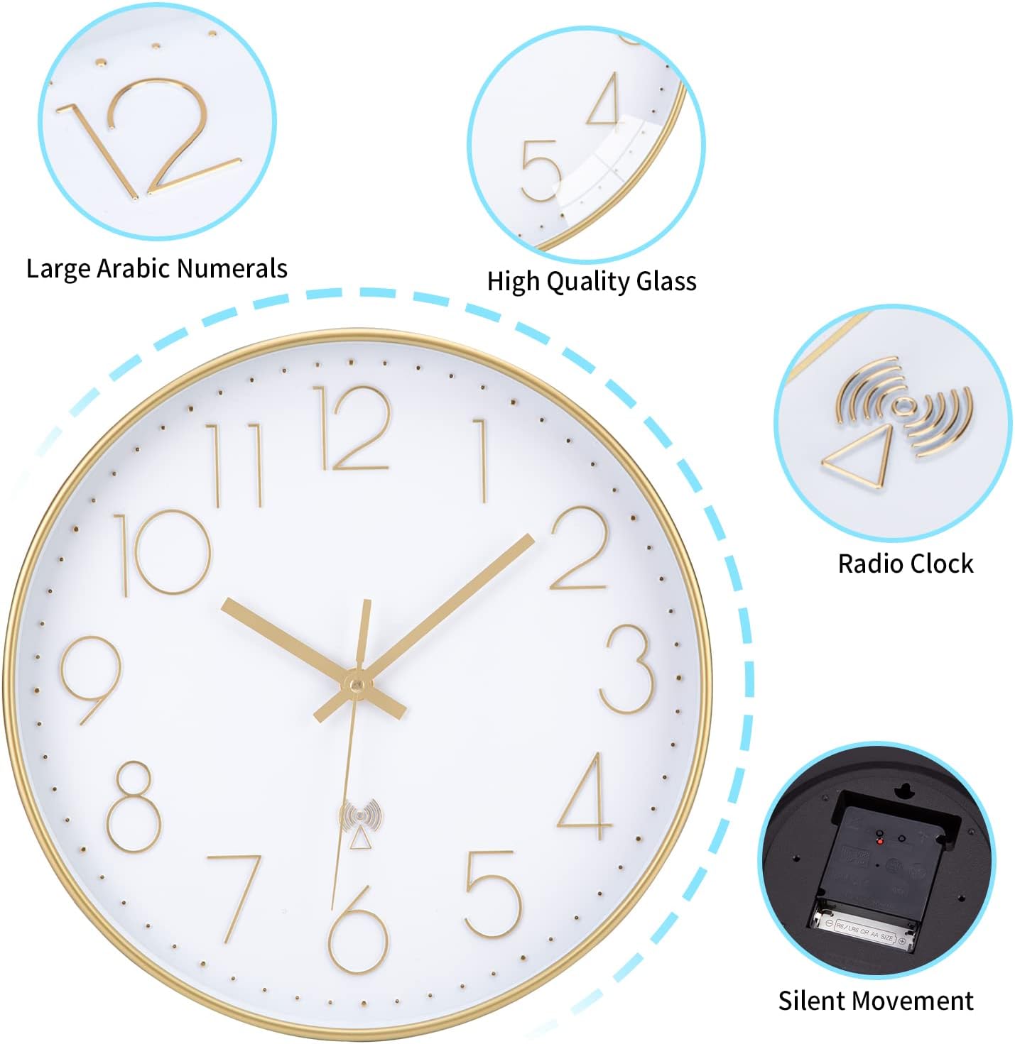 Detalle de VIVILINEN Clock-12 – bezgłośny zegar ścienny sterowany radiowo, 30 × 30 cm