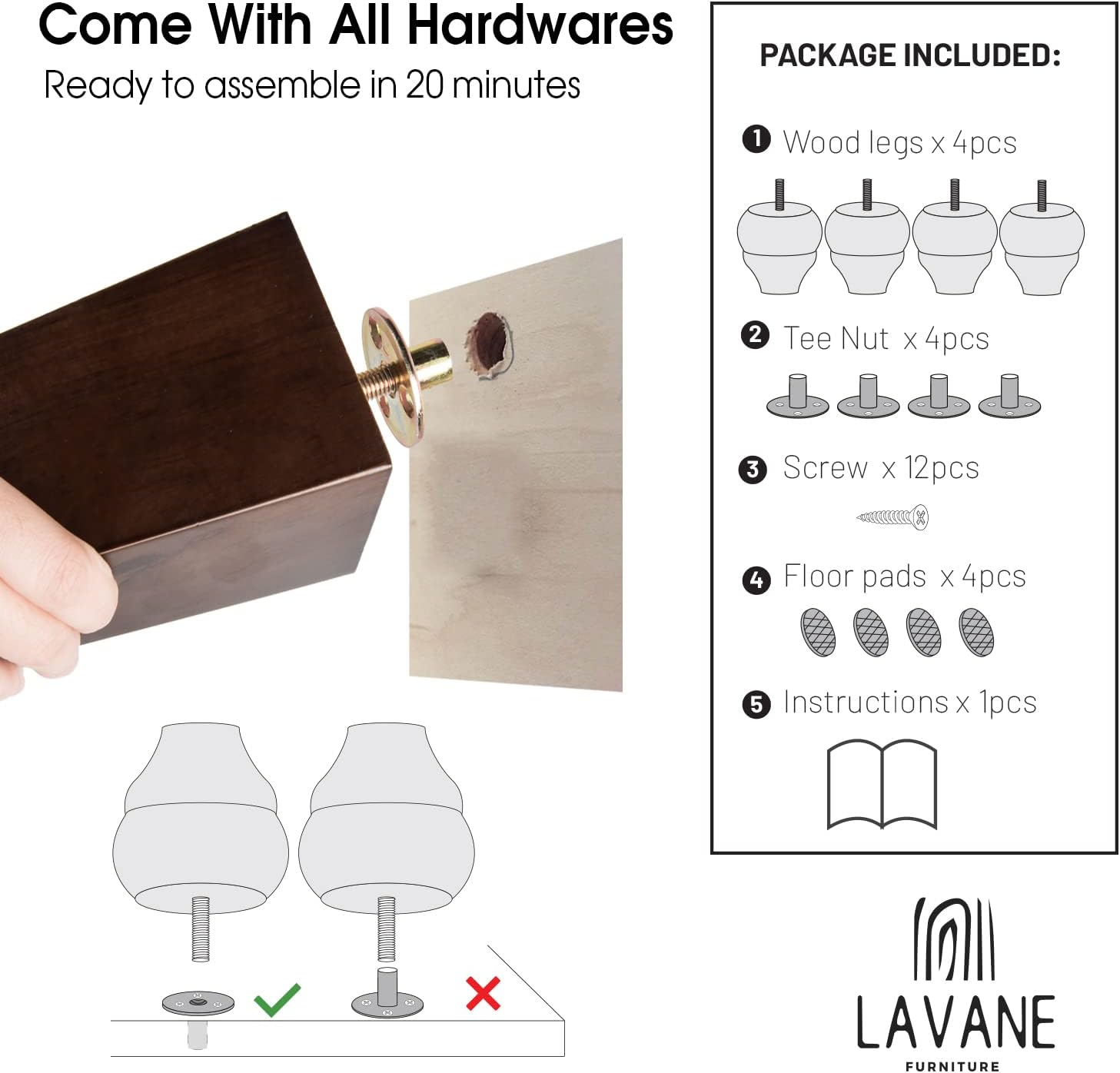 Detalle de La Vane Wooden Furniture Legs, 10 cm