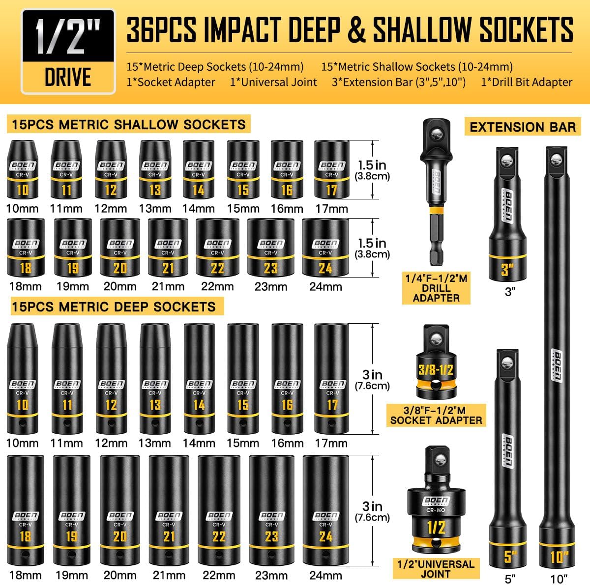 Detalle 2 de boen SFG-BS-127036 1/2-Inch Drive Impact Socket Set, 36-Piece Metric