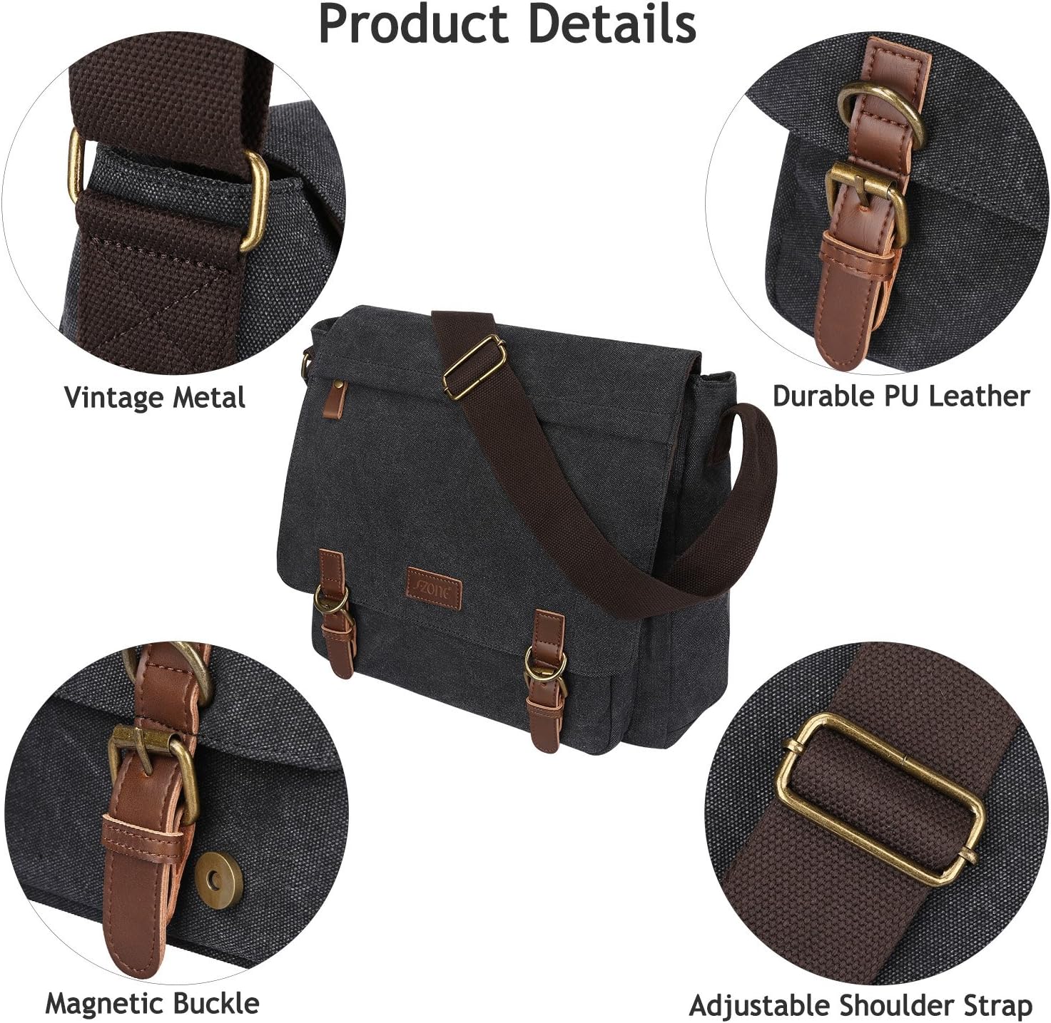 Detalle de S-ZONE Homme sac à bandoulière 15,6 pouces en toile vintage avec compartiment ordinateur