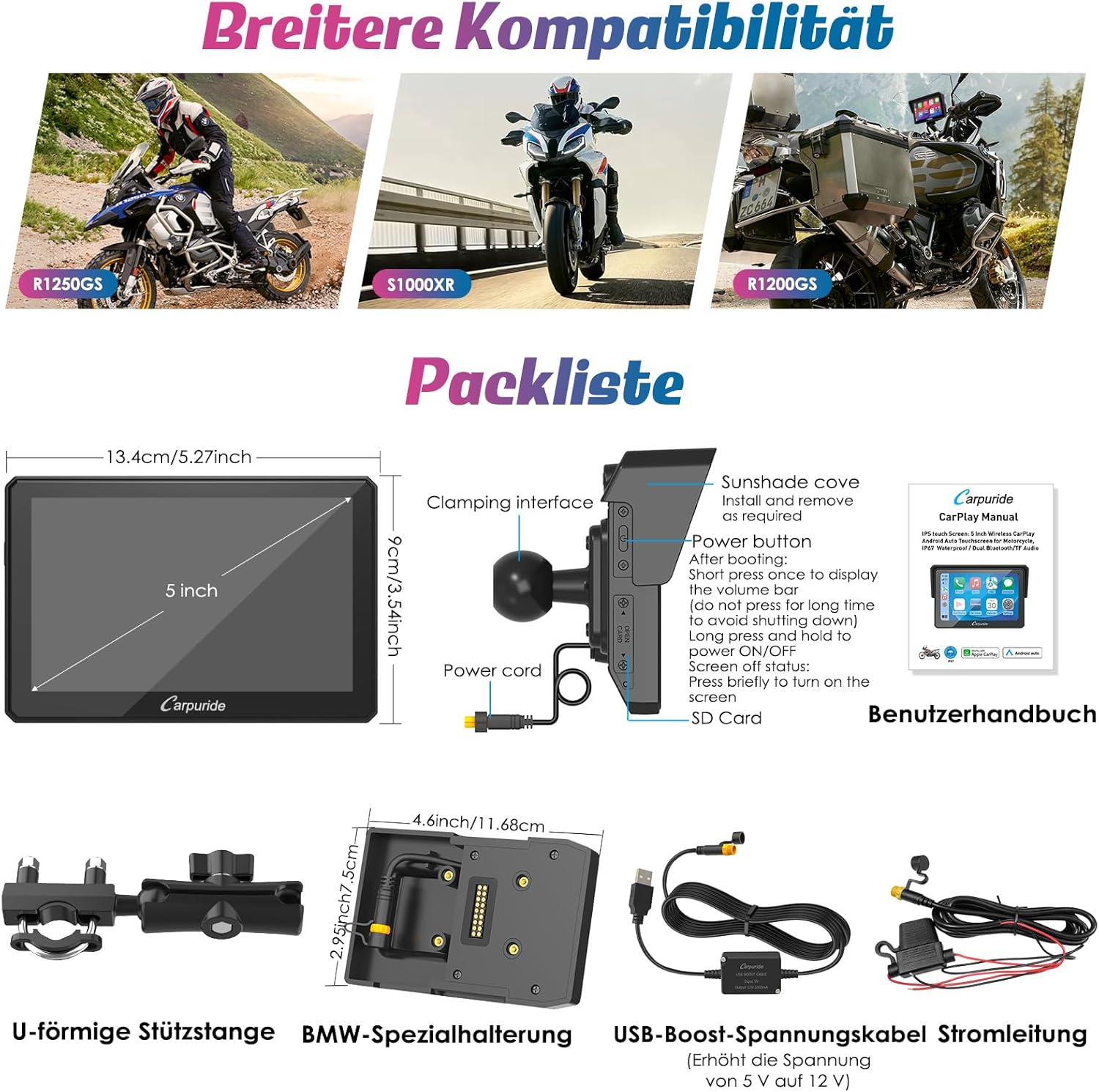 Thumbnail 6 de Carpuride W502B Motorrad-Carplay-Bildschirm für BMW Motorräder – kabelloses CarPlay/Android Auto, 5 Zoll, IP67
