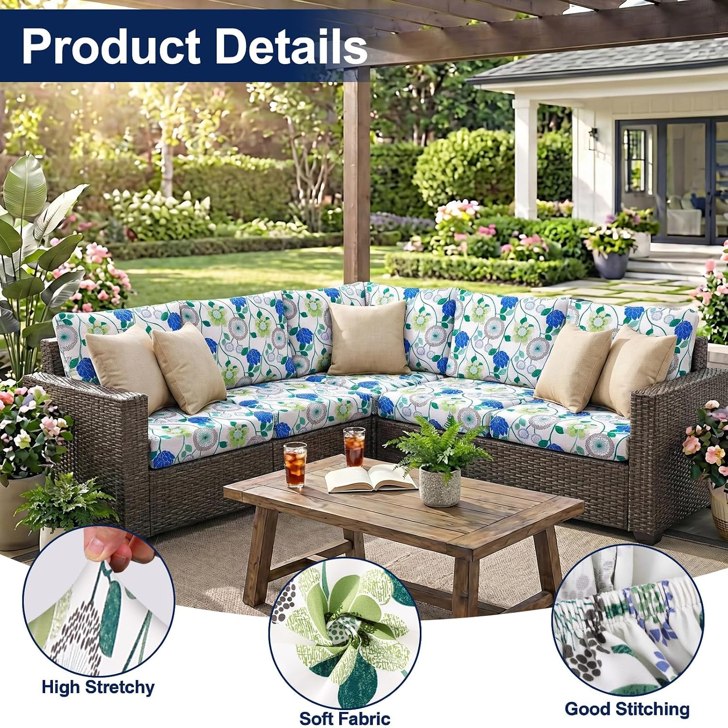 Detalle de Smiry HWZDT004 Patio Cushion Covers, Stretch Waterproof 8-Piece Set