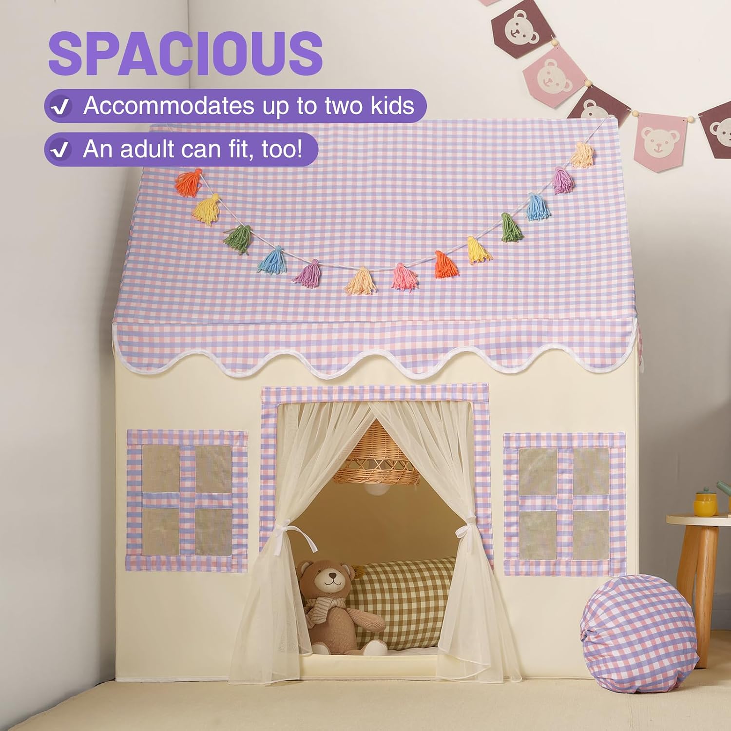 Detalle de Wilwolfer Kids Play Tent Indoor Princess PlayHouse with Padded Mat and Tassel Garland (67.5×97×107.5)