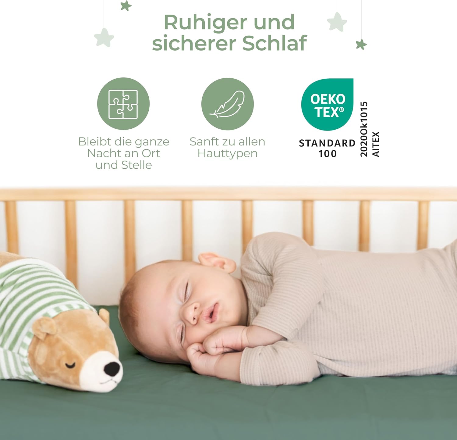 Thumbnail 4 de Dreamzie 2er Set Spannbettlaken 50x83 cm für Kinderwagen, Kapuze & Reisebett – Oeko-Tex Baumwolle, Salbei/Weiß
