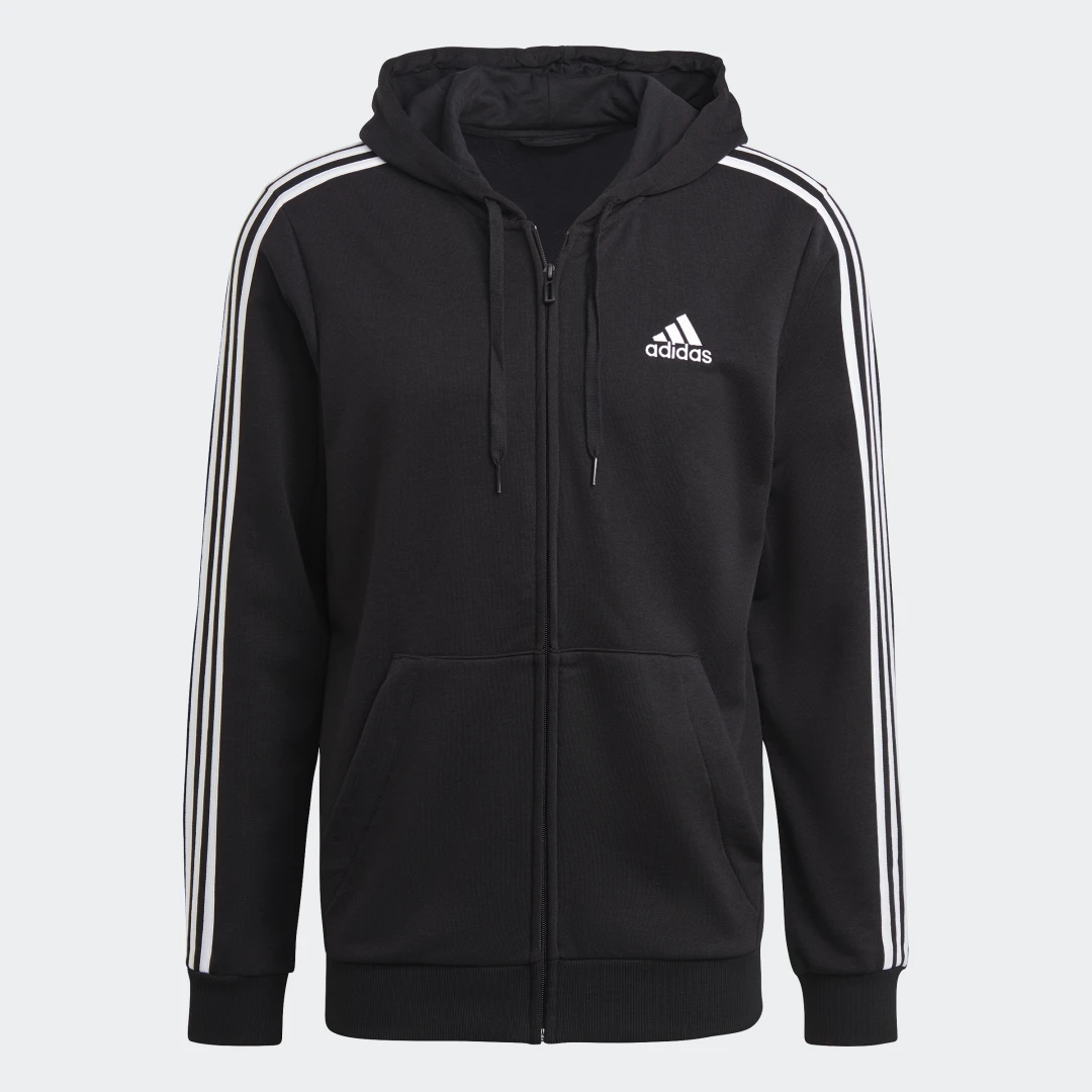 Detalle de Chaqueta con capucha Essentials French Terry 3 bandas de Adidas (negro)