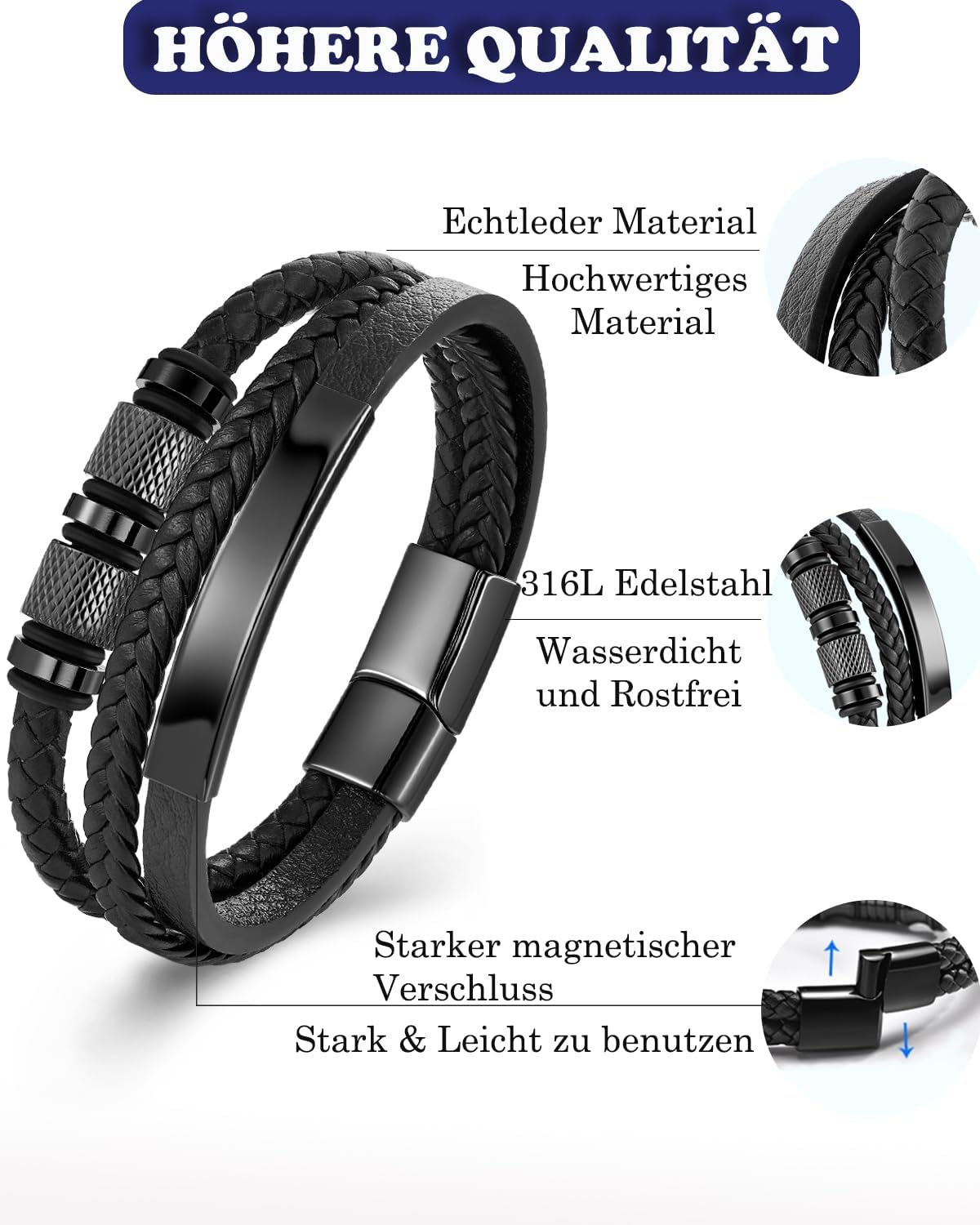 Thumbnail 3 de Armband Herren Lederarmband Edelstahl 21 cm