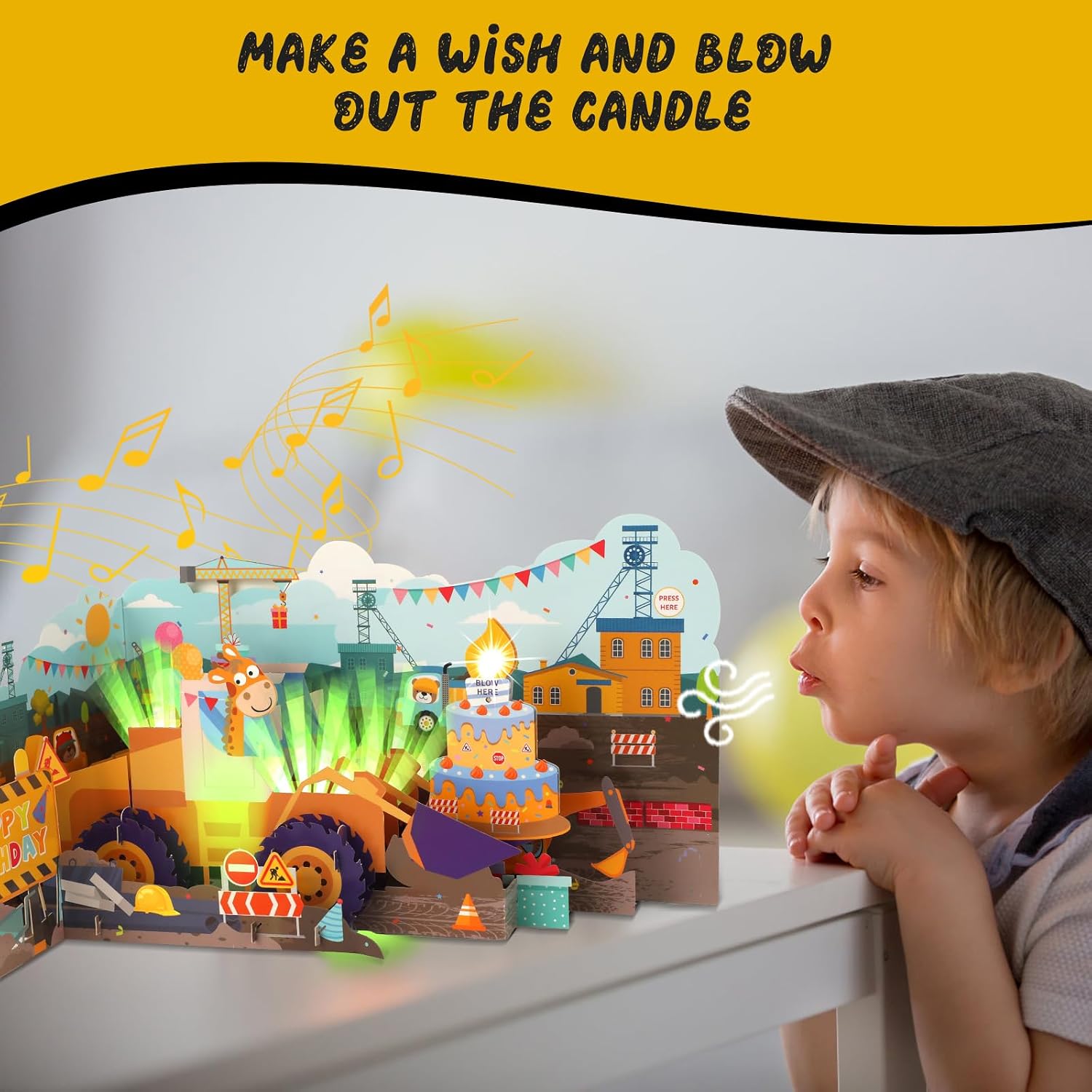 Thumbnail 2 de Musical Birthday Card for Kids: 3D Bulldozer Pop-up with Lights, Sounds & Blowable Candle
