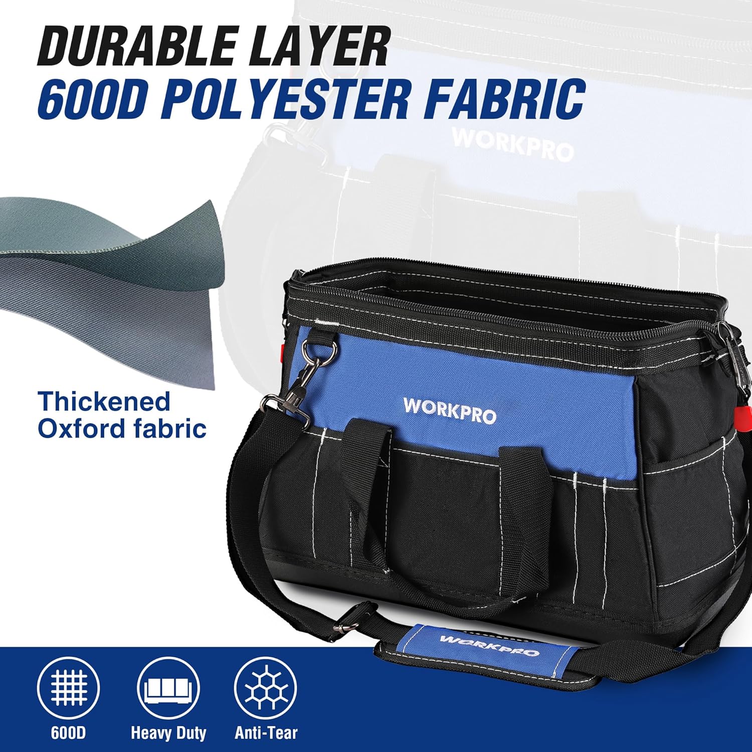 Detalle 2 de WORKPRO 16-inch Heavy-Duty Tool Bag – 40 x 22 x 26 cm with Waterproof Base and Wide-Open Design