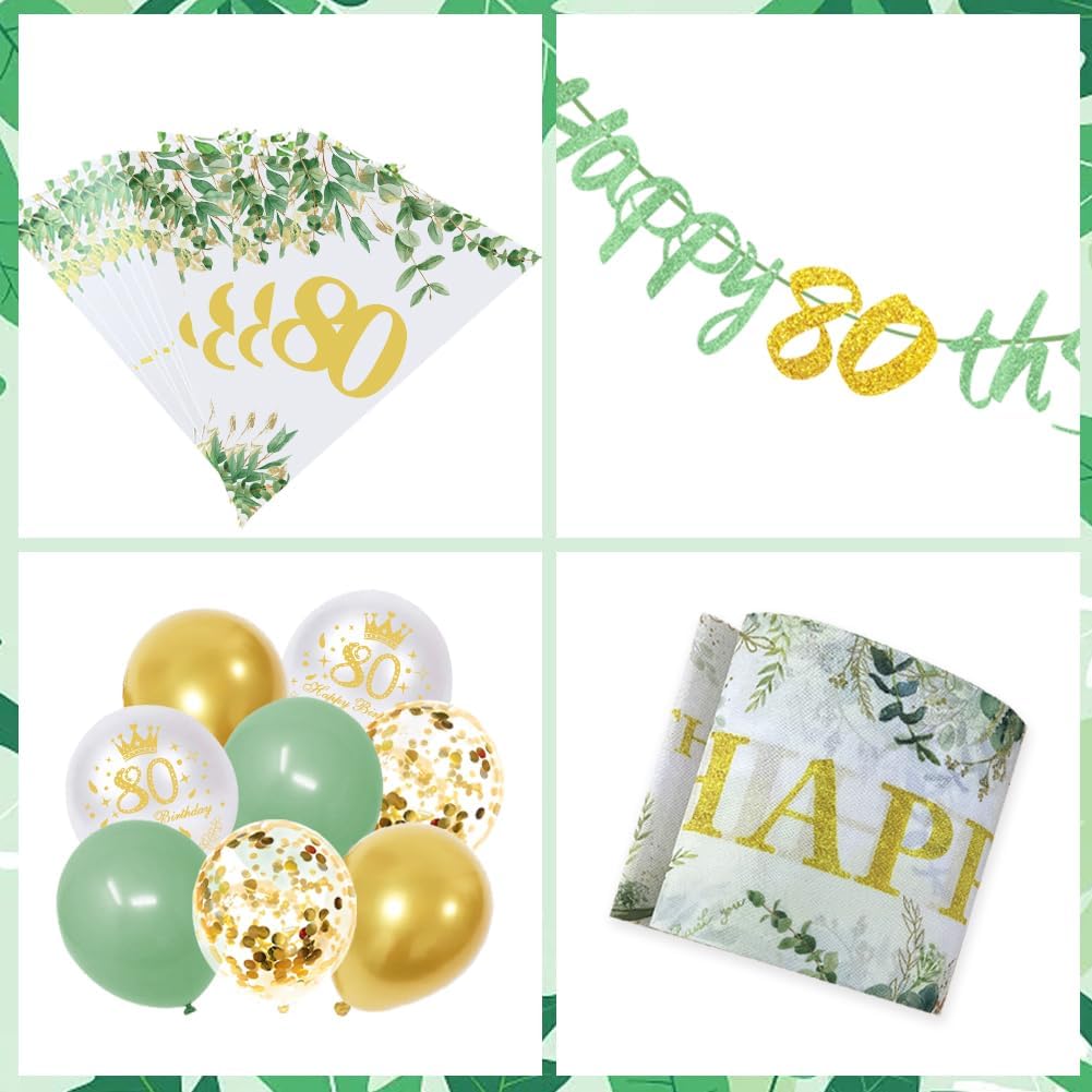 Thumbnail 2 de Sage Green 80th Birthday Party Decorations Set | Happy 80th Banner & Matching Accents