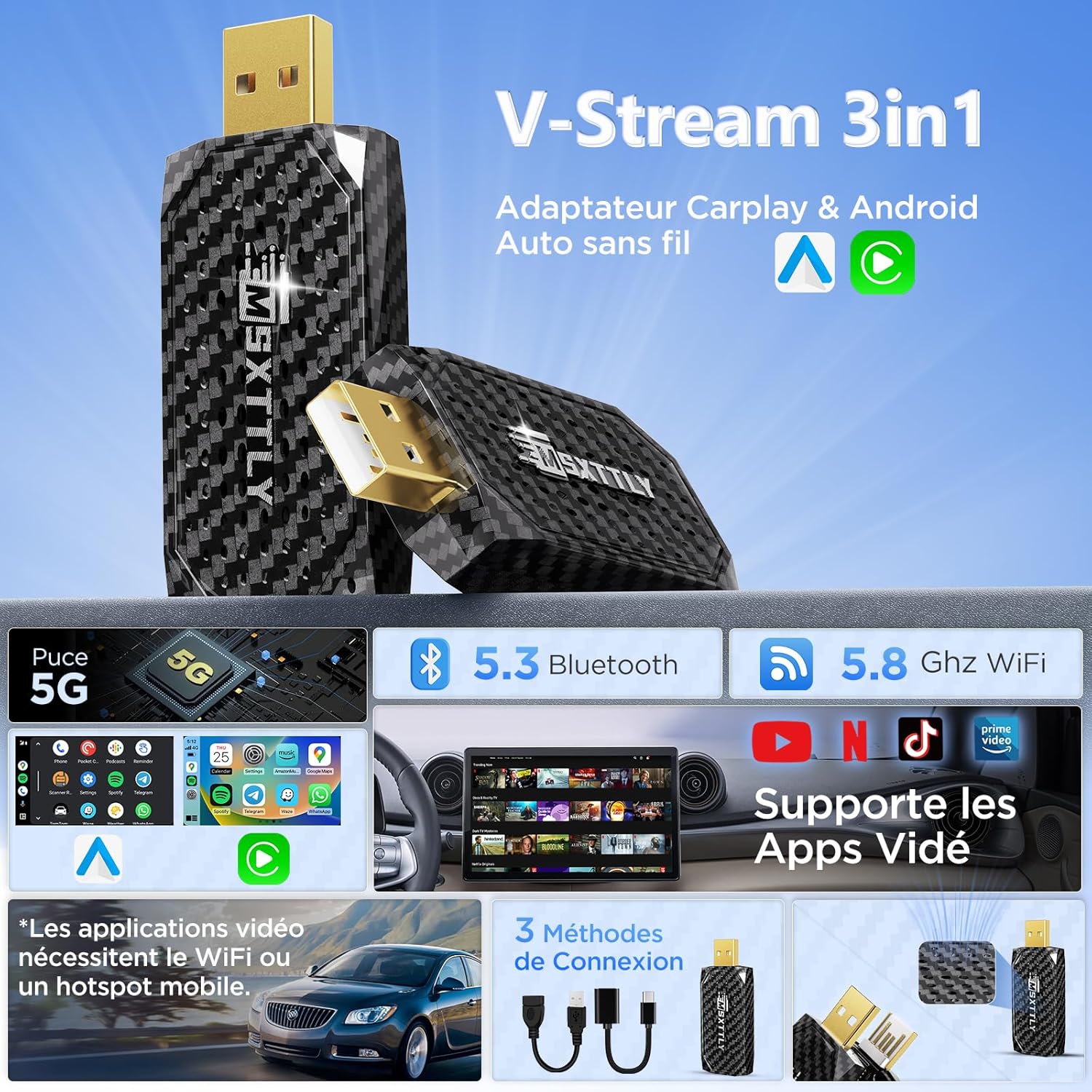 Detalle 2 de MSXTTLY Mini Adaptateur sans Fil CarPlay et Android Auto 3 en 1 – Streaming en véhicule