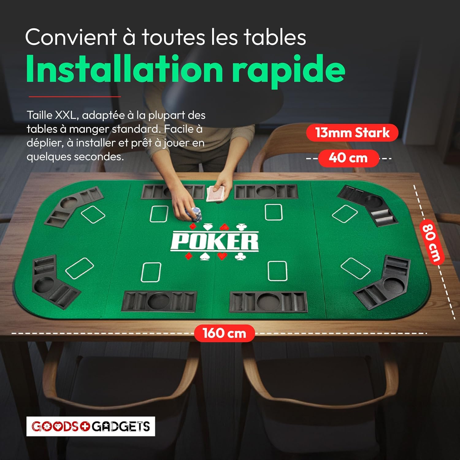 Thumbnail 4 de GOODS+GADGETS Tapis de table de poker XXL pliable en feutre (160 x 80 cm) avec 8 porte-gobelets