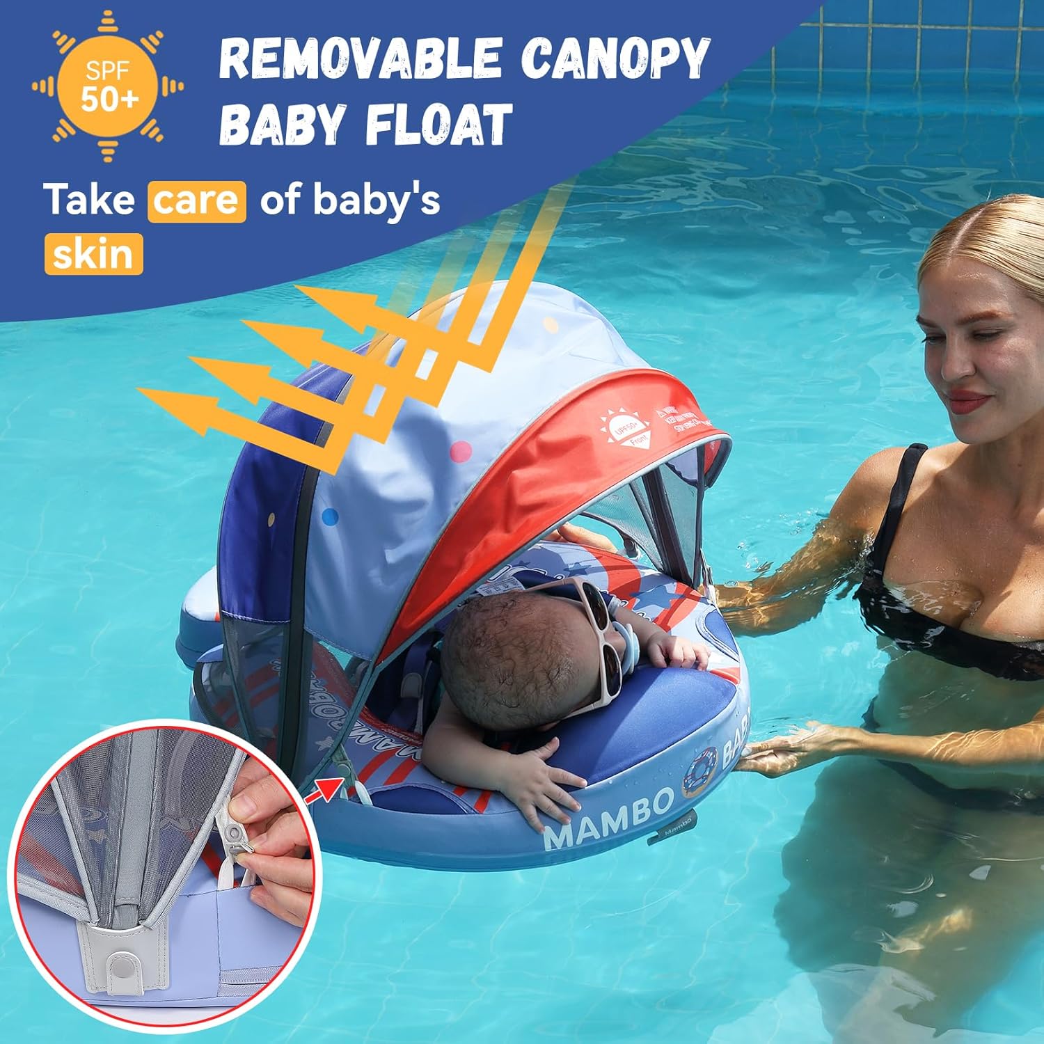 Detalle de GENTEACO Mambobaby Baby Swim Float with Canopy: Non-Inflatable, Skin-Friendly, Safe Pool Fun for 3–24 Months