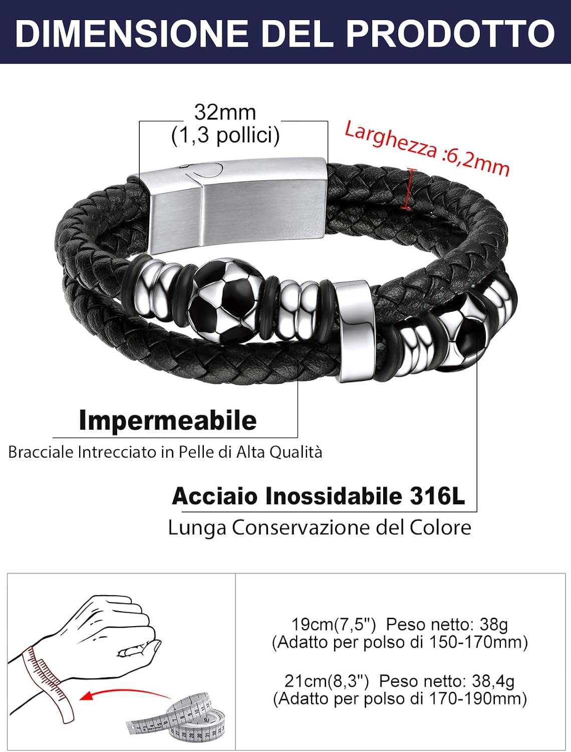 Thumbnail 3 de Bandmax Bracciale Uomo Pelle Cuoio 19 cm