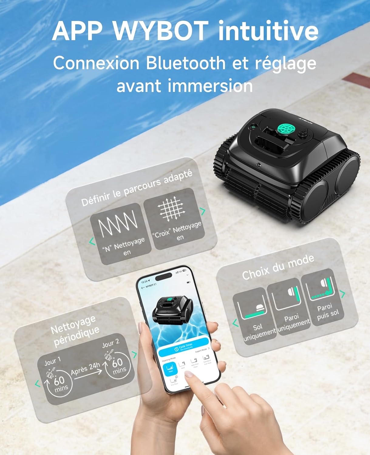 Thumbnail 6 de WYBOT C1 : robot piscine fond et parois avec planification intelligente des itinéraires
