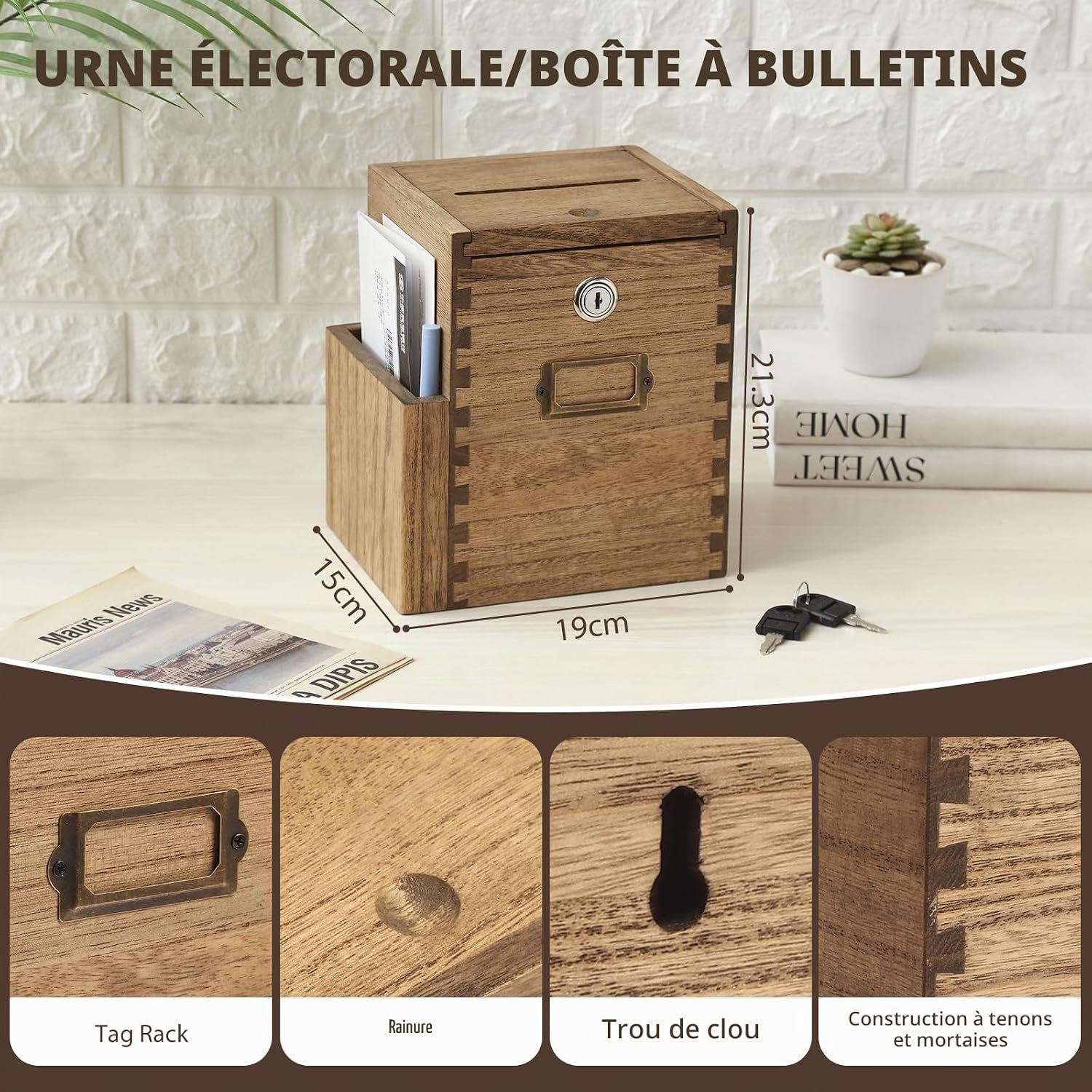 Detalle de KIRIGEN houten adviesbox met slot, zijvak en wandbevestiging