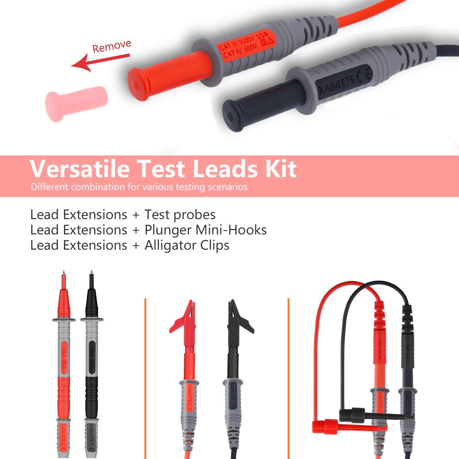 Detalle de KAIWEETS KET01 Multimeter Test Leads Kit (8 pieces) with alligator clips, needle probes and mini-hooks