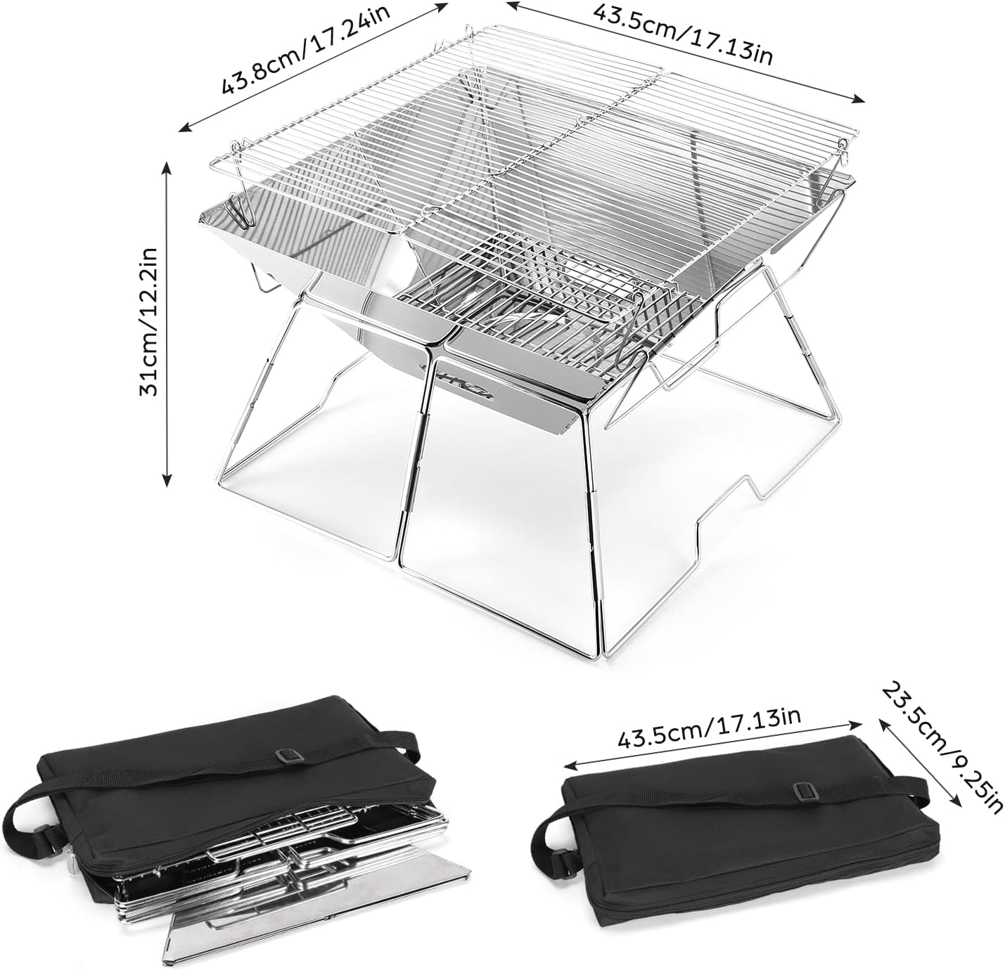 Thumbnail 2 de Odoland Portable Collapsible BBQ Fire Pit & Campfire Grill (Stainless Steel, Carry Bag, L size)