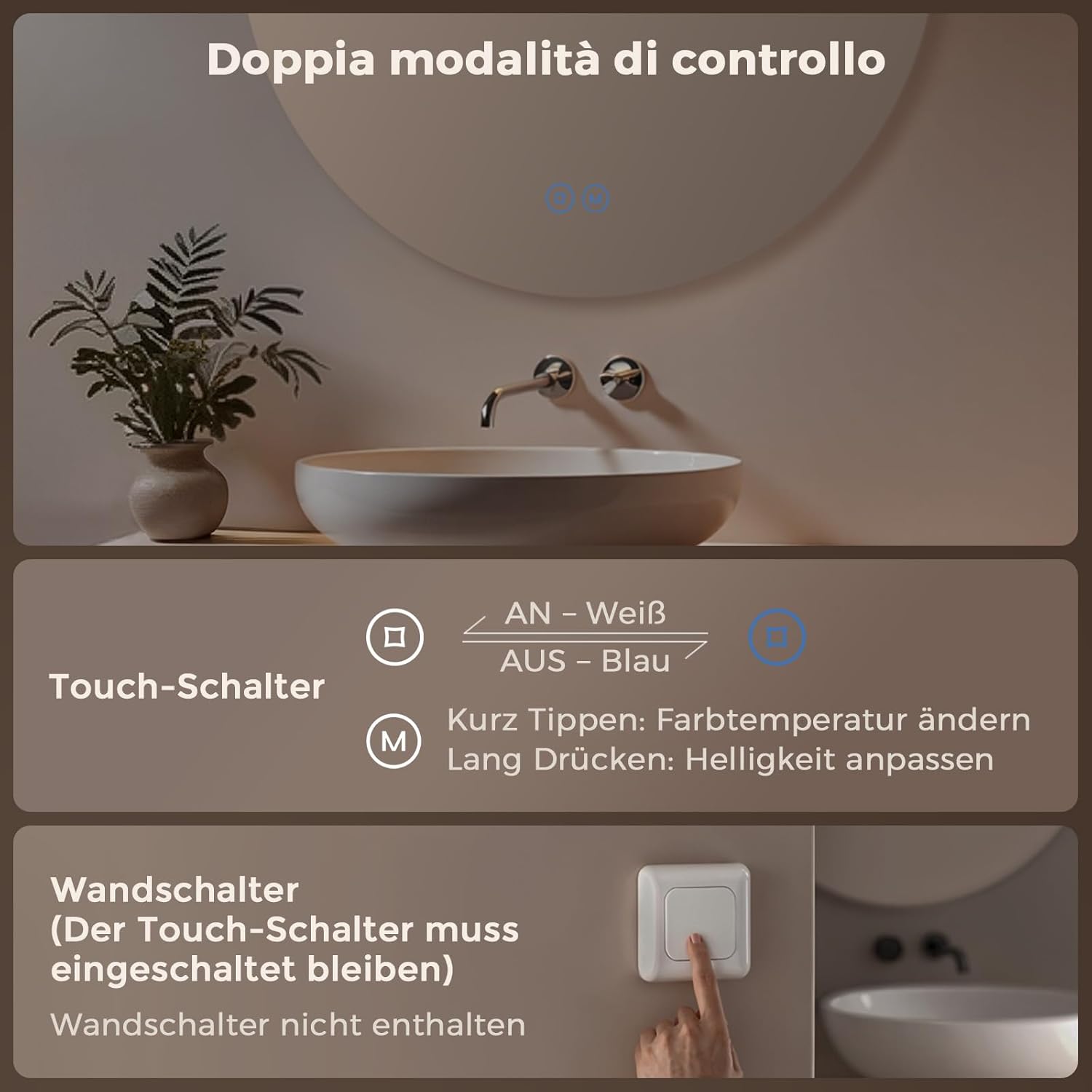 Thumbnail 5 de S’AFIELINA specchio da bagno rotondo LED da 70 cm con illuminazione dimmerabile e touch