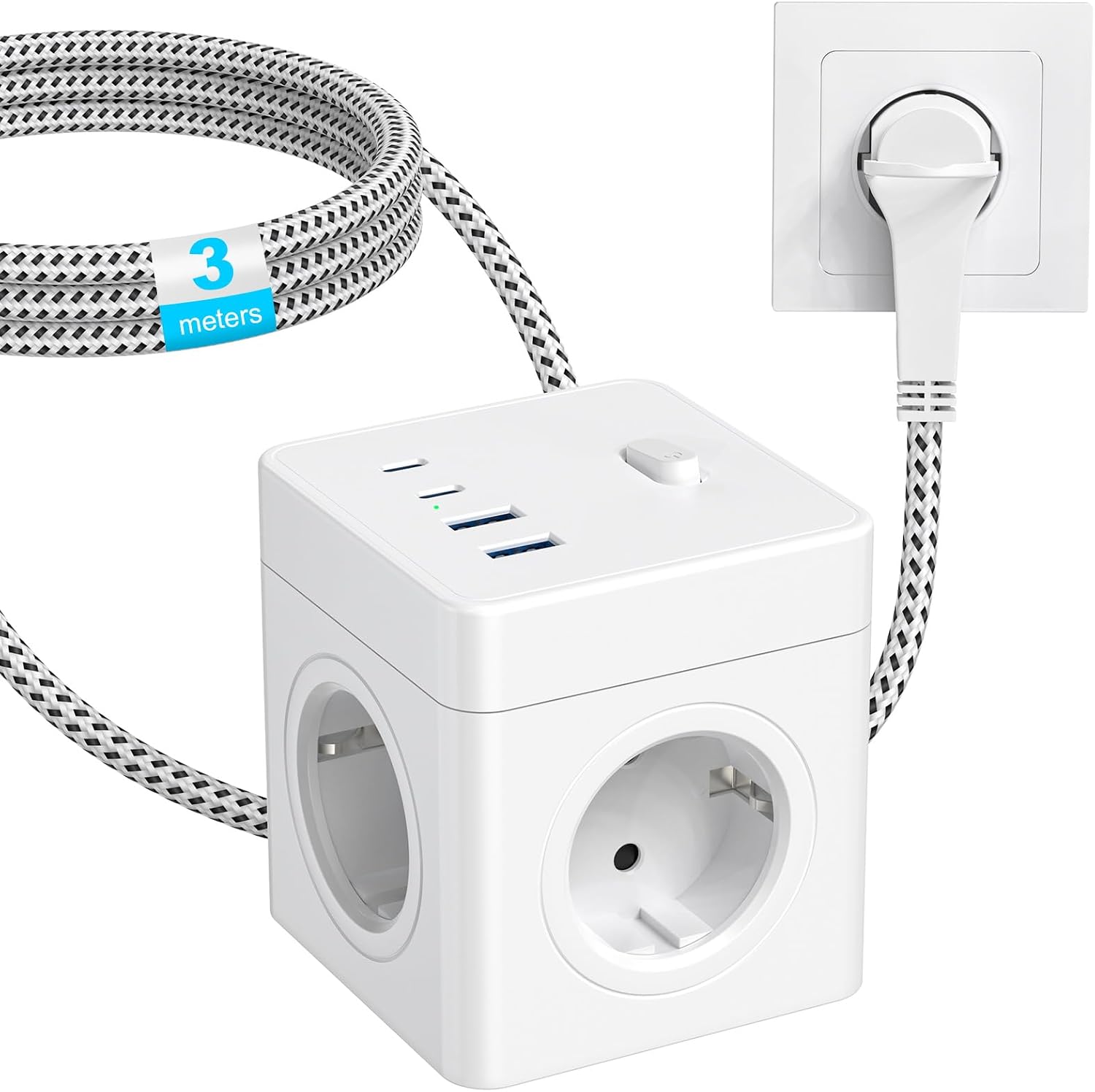 Thumbnail 1 de Steckdosenwürfel mit 4 USB – Steckdosenleiste mit 4 Schuko, 2×USB-A und 2×USB-C, Schalter, 3 m Kabel, weiß
