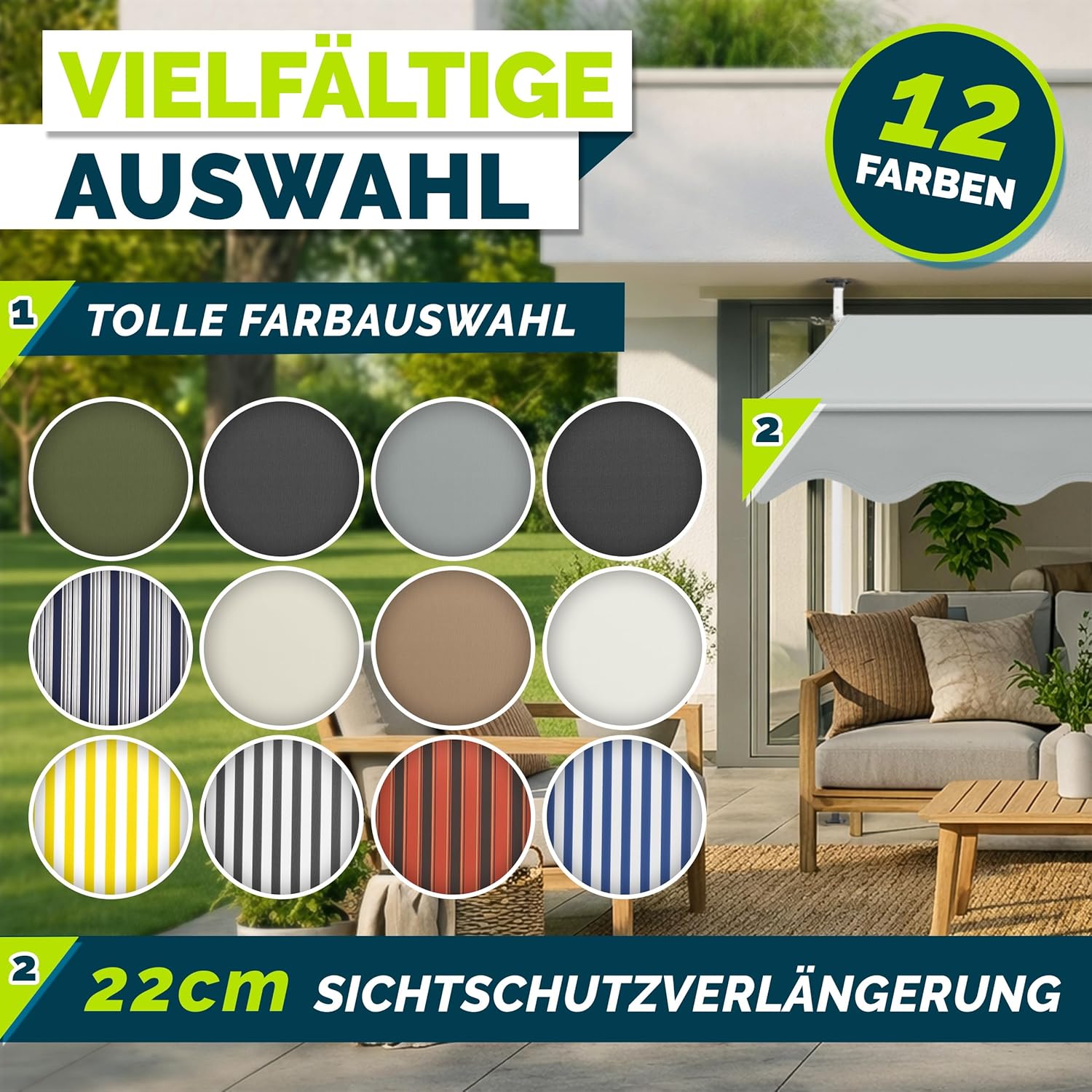 Thumbnail 6 de tillvex Klemmmarkise mit Handkurbel und LED-Lichterkette (ohne Bohren) für Balkon & Terrasse – Hellgrau, 400 cm