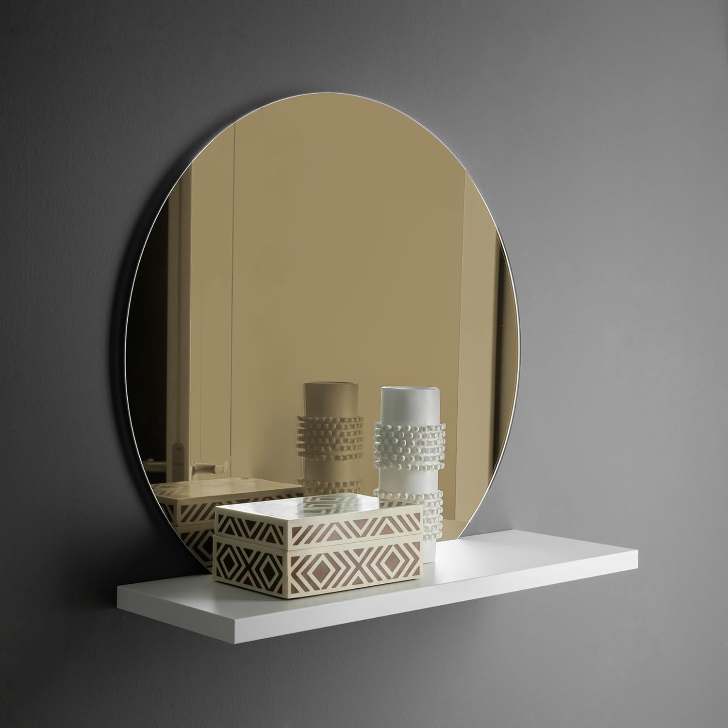 Detalle 2 de ARHome Specchio Tondo Bronzato con Mensola, 60 x 60 x 22 cm – Bianco Opaco, Made in Italy