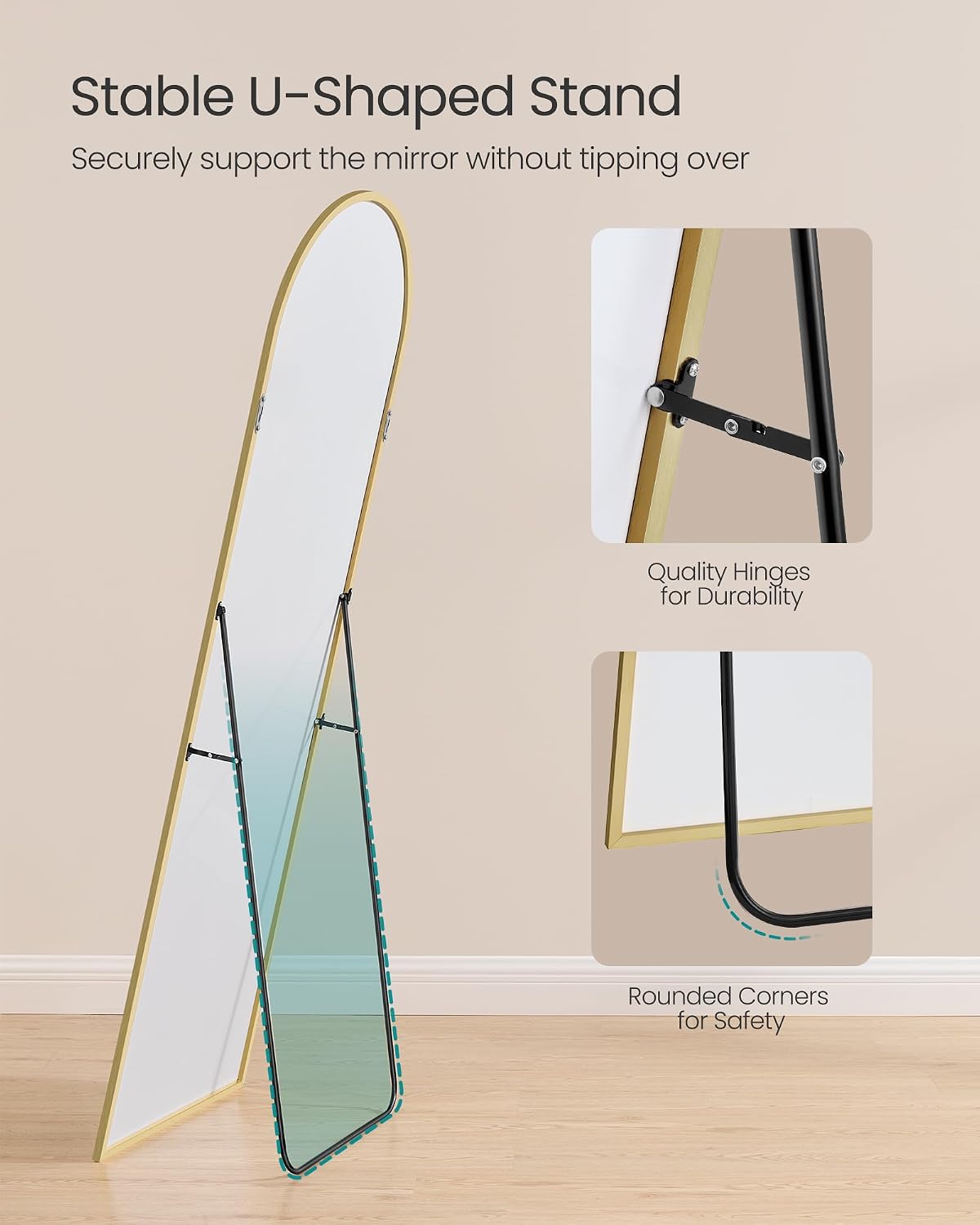 Detalle de SONGMICS ULFM031A01 Arched Full-Length Mirror, 63 x 20 Inches, Pale Gold