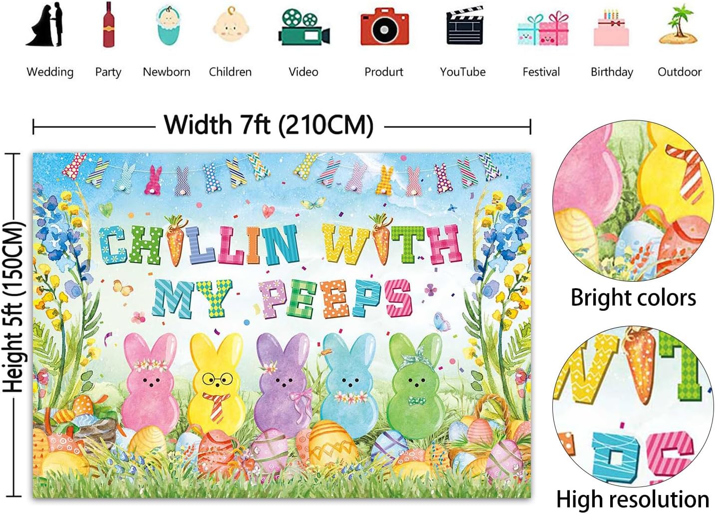 Detalle de Easter Bunny Backdrop Spring Bunny “Chillin with My Peeps” Vinyl Photoshoot Background (7x5FT)