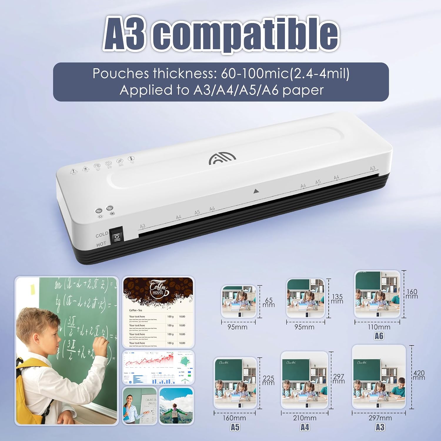 Detalle de A3 Laminator: 5-in-1 Laminating Machine with Cold & Thermal Modes for A3–A6, Built-in Cutter & Corner Rounder
