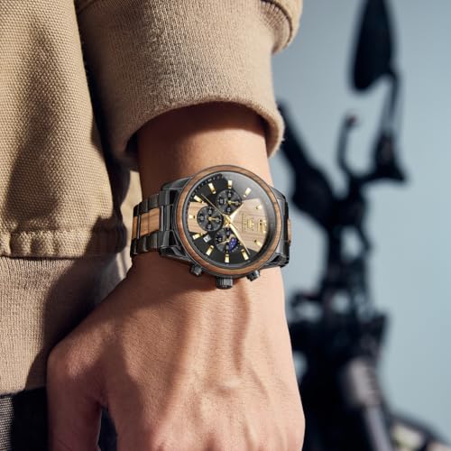 Detalle 2 de OLEVS Montre chronographe pour homme – Bois massif ou acier inoxydable, étanche 30 m, finition zèbre