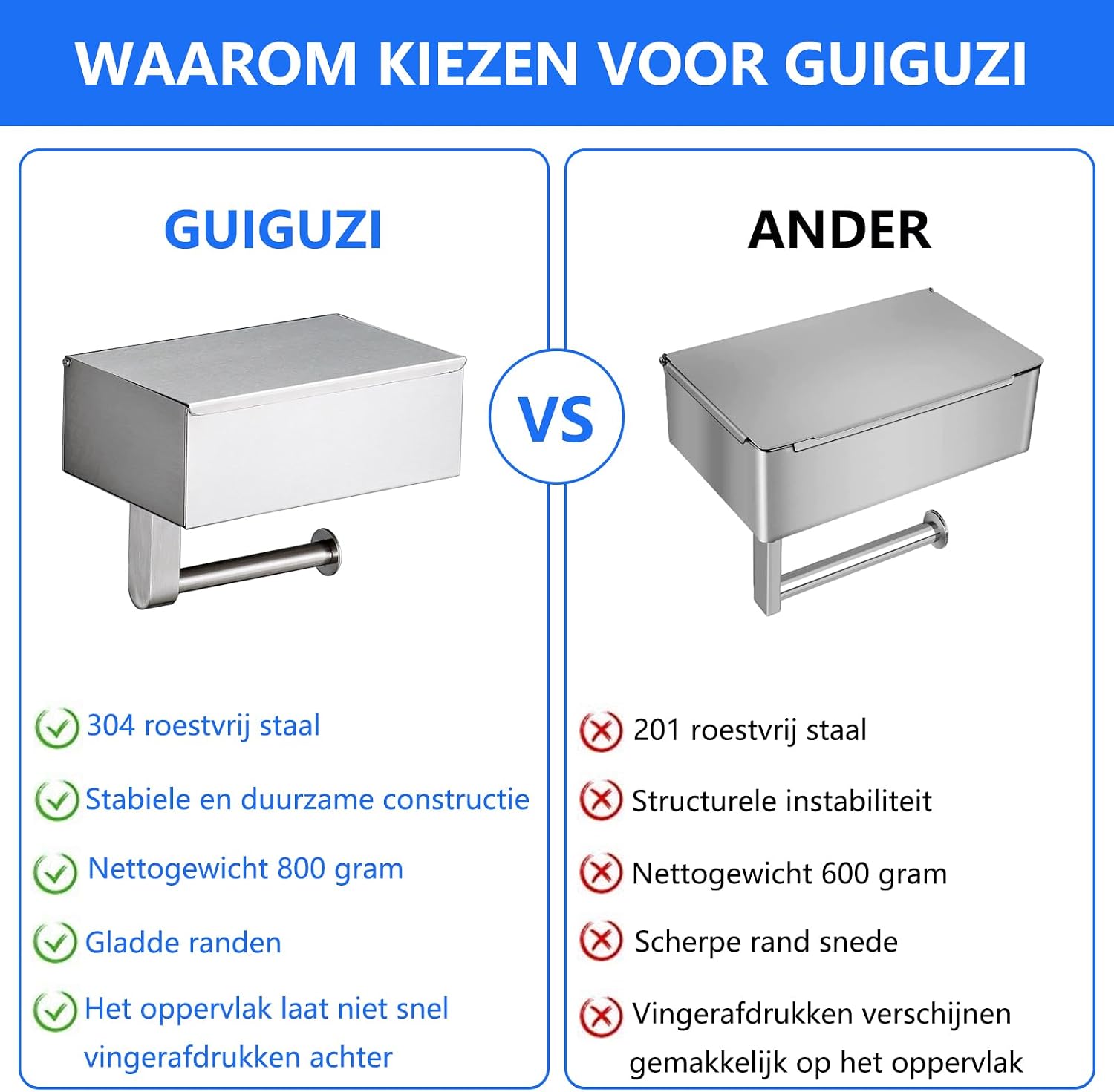 Detalle de GUIGUZI GGZ-SUS304-Y toiletrolhouder met vochtige doekjesbox, zilverkleurig