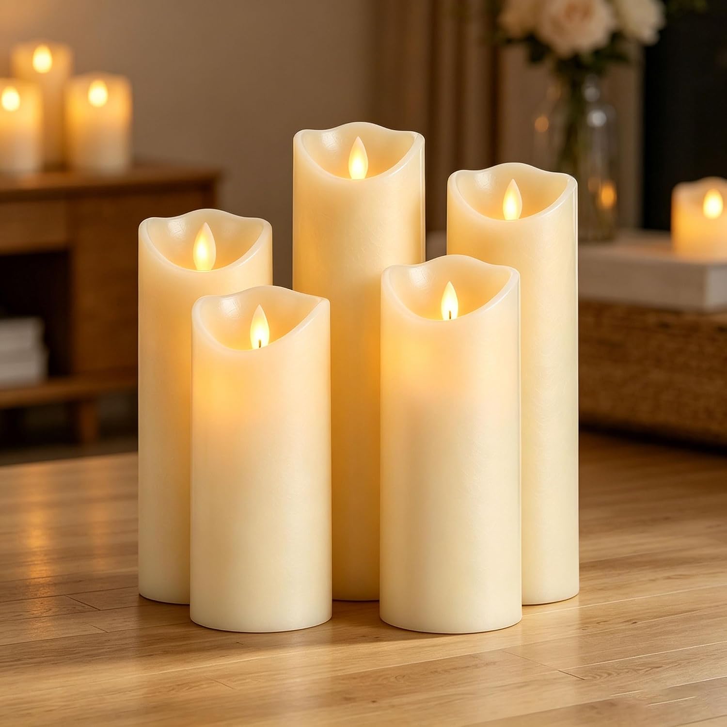 Detalle de Da by DBY005 Ivory Wax Flameless Candles, 5-Piece Set with Moving Flame