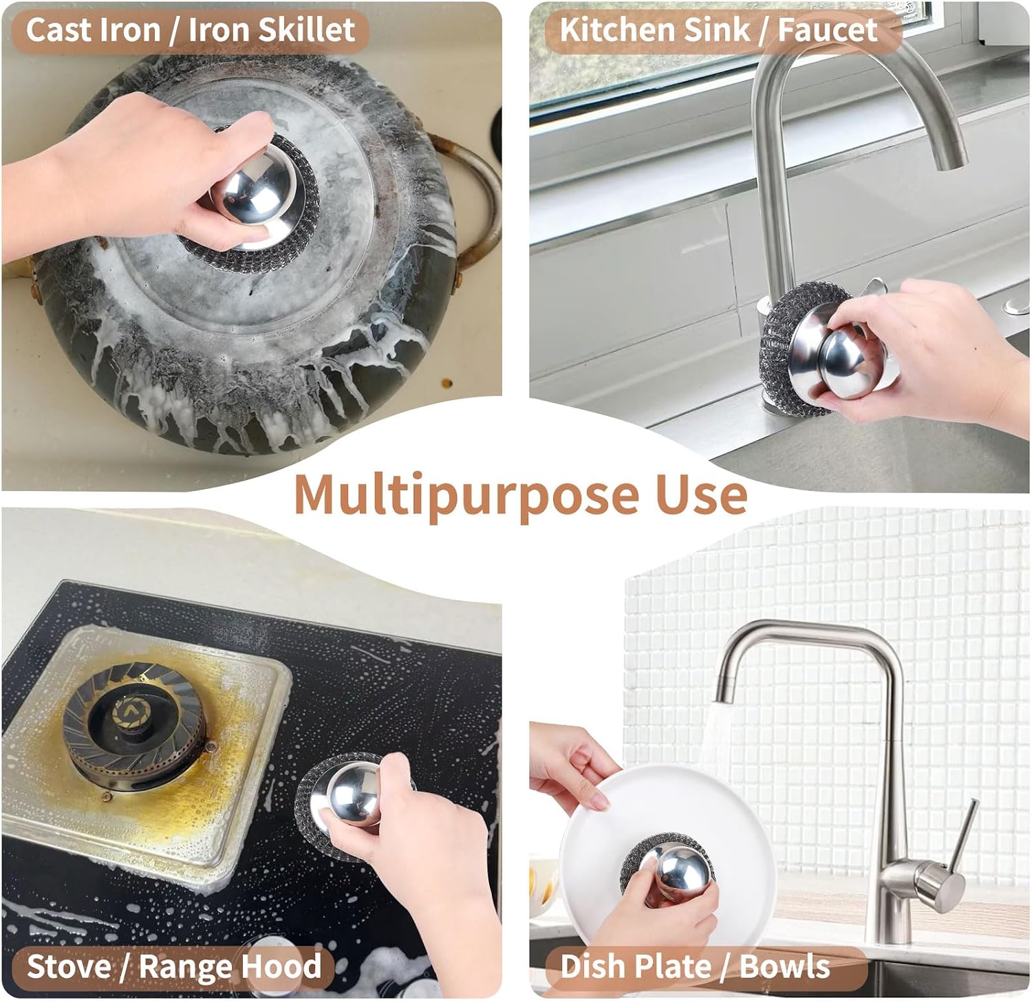 Thumbnail 4 de 5Pcs Steel Wool Scrubber with Replacement Pads Set — Stainless Steel Scrubber with Handle for Tough Grime