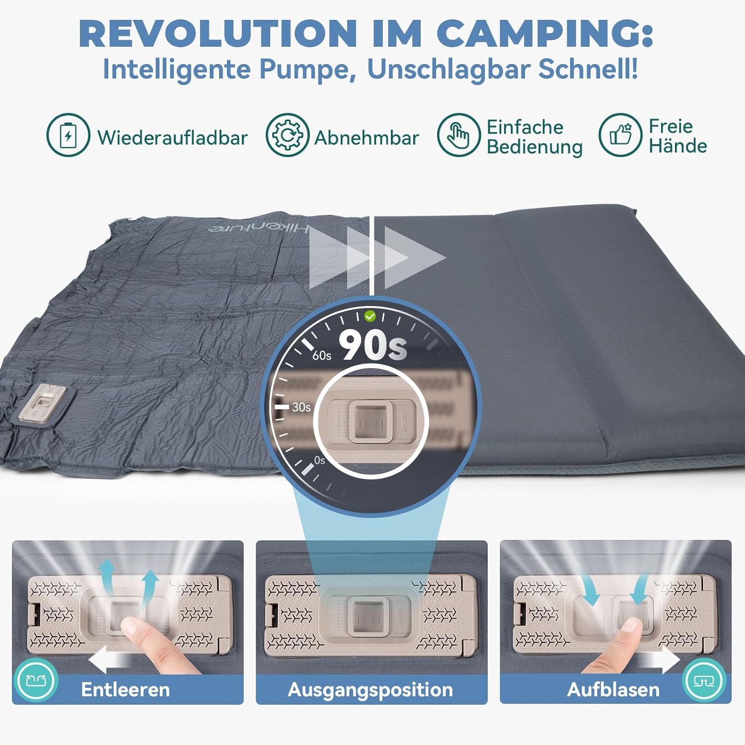 Thumbnail 1 de HIKENTURE Doppel-Selbstaufblasende Isomatte (8 cm) mit eingebauter Elektropumpe – 120 x 200 cm, B1