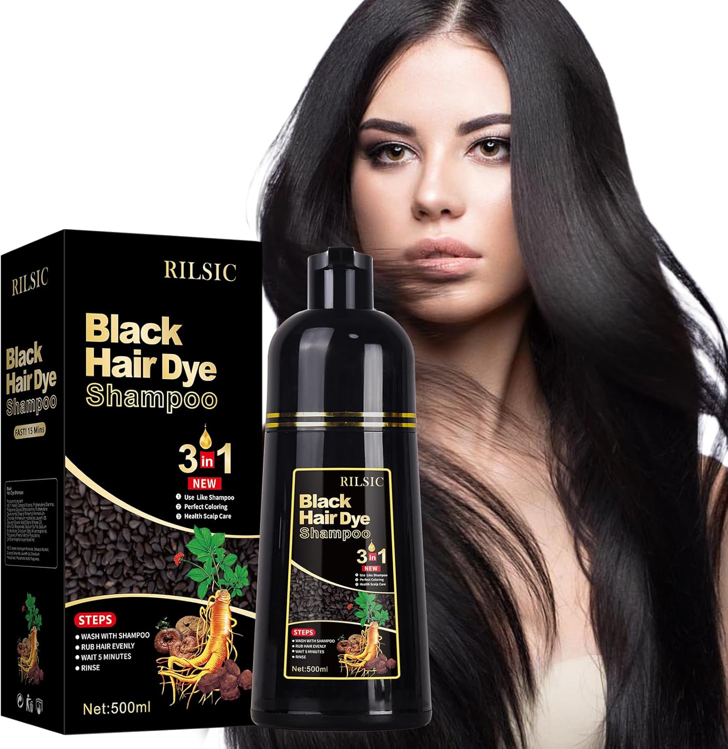 Thumbnail 6 de RILSIC Shampoo Capelli Neri per Capelli Grigi 500 ml – 3 in 1: colore naturale, shampoo e balsamo