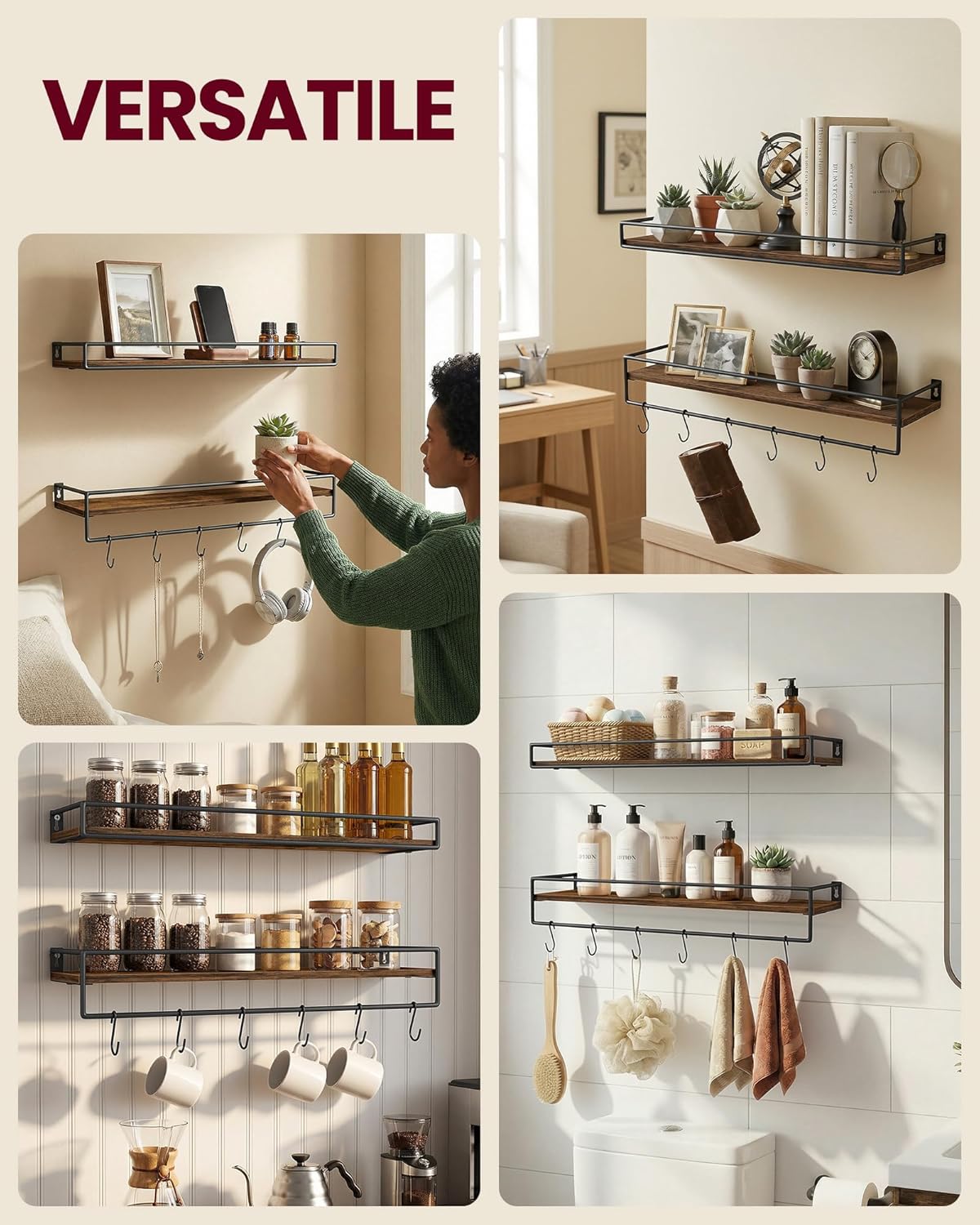 Thumbnail 3 de VASAGLE Set da 2 Mensole da Parete LWS461KD01 – Mensole Galleggianti in Marrone Vintage e Nero Inchiostro