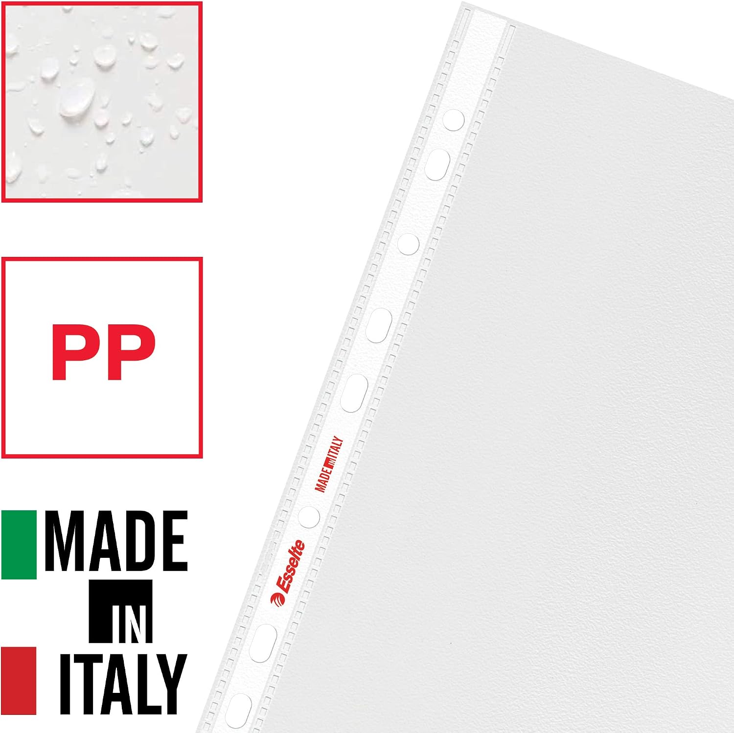 Detalle de Esselte 100 Buste per raccoglitori A4 con fori universali, antiriflesso, anti-copia – ideale per archiviazione sicura e pulita