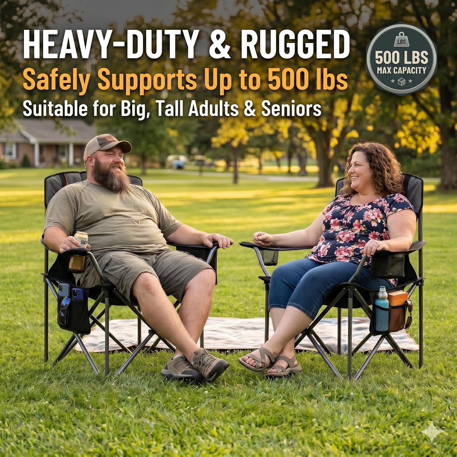 Detalle de FAIR WIND 2-Pack Fully Padded Oversized Camping Chairs with Adjustable Lumbar Support, Cooler Bag & Cup Holder (500 lbs Capacity)