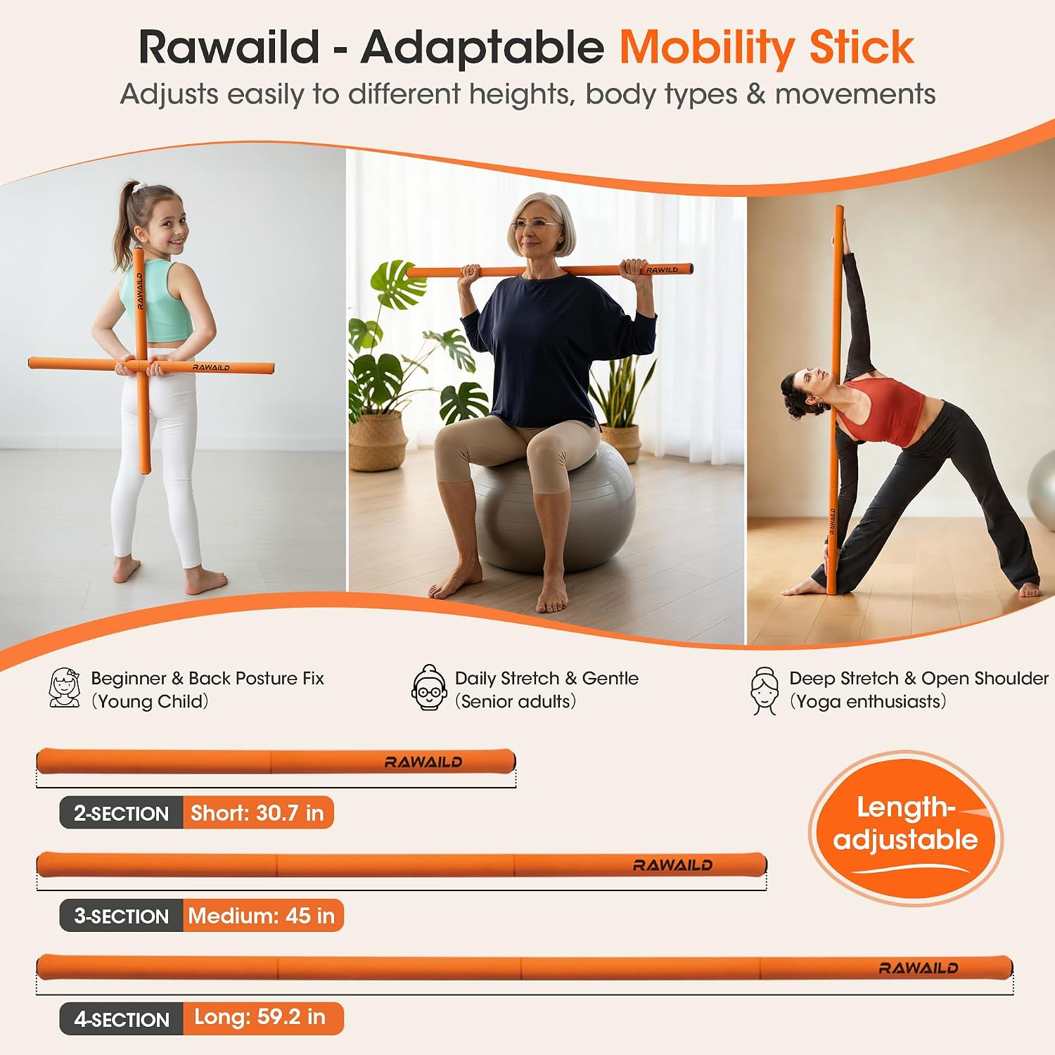 Detalle de RAWAILD Yoga Mobility Stick, 5 ft