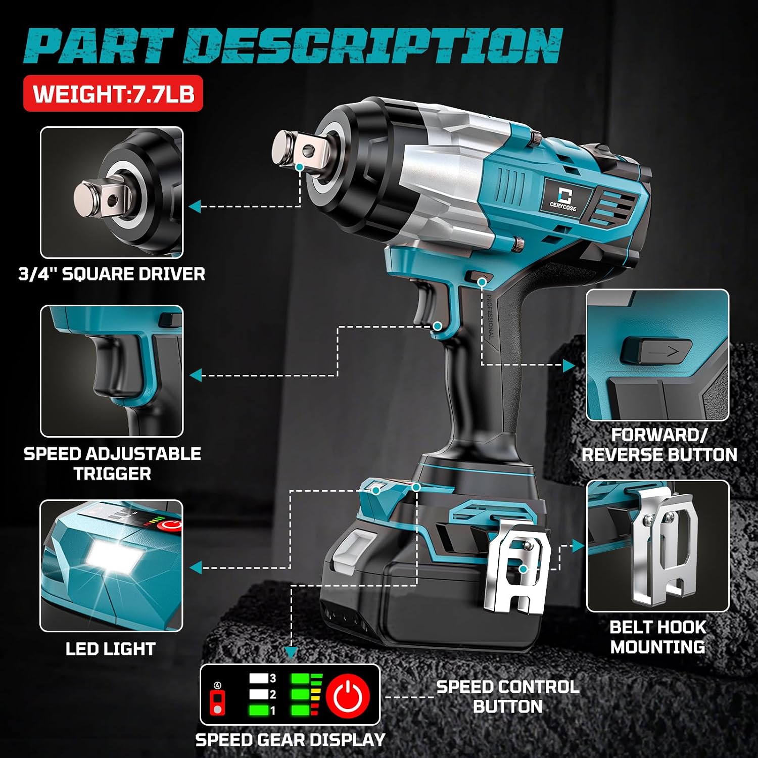 Detalle 2 de Cordless Impact Wrench 3/4 inch — 2500 N.m Max Torque, Milwaukee 18V Compatible