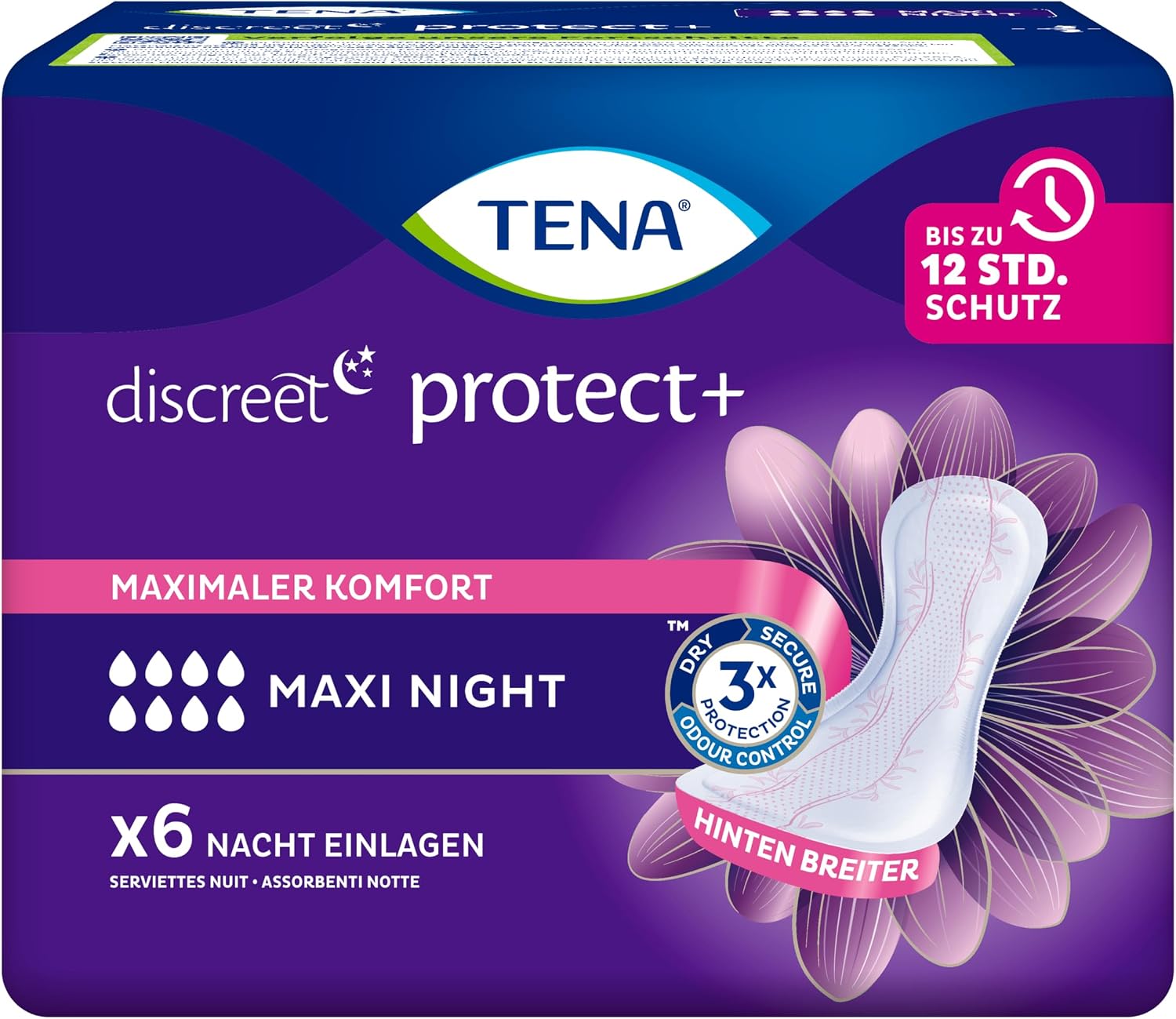 Detalle de TENA Discreet Maxi Night: Hygieneeinlagen für Nachtkomfort bei starker Blasenschwäche (48 Einlagen im Monatspaket)