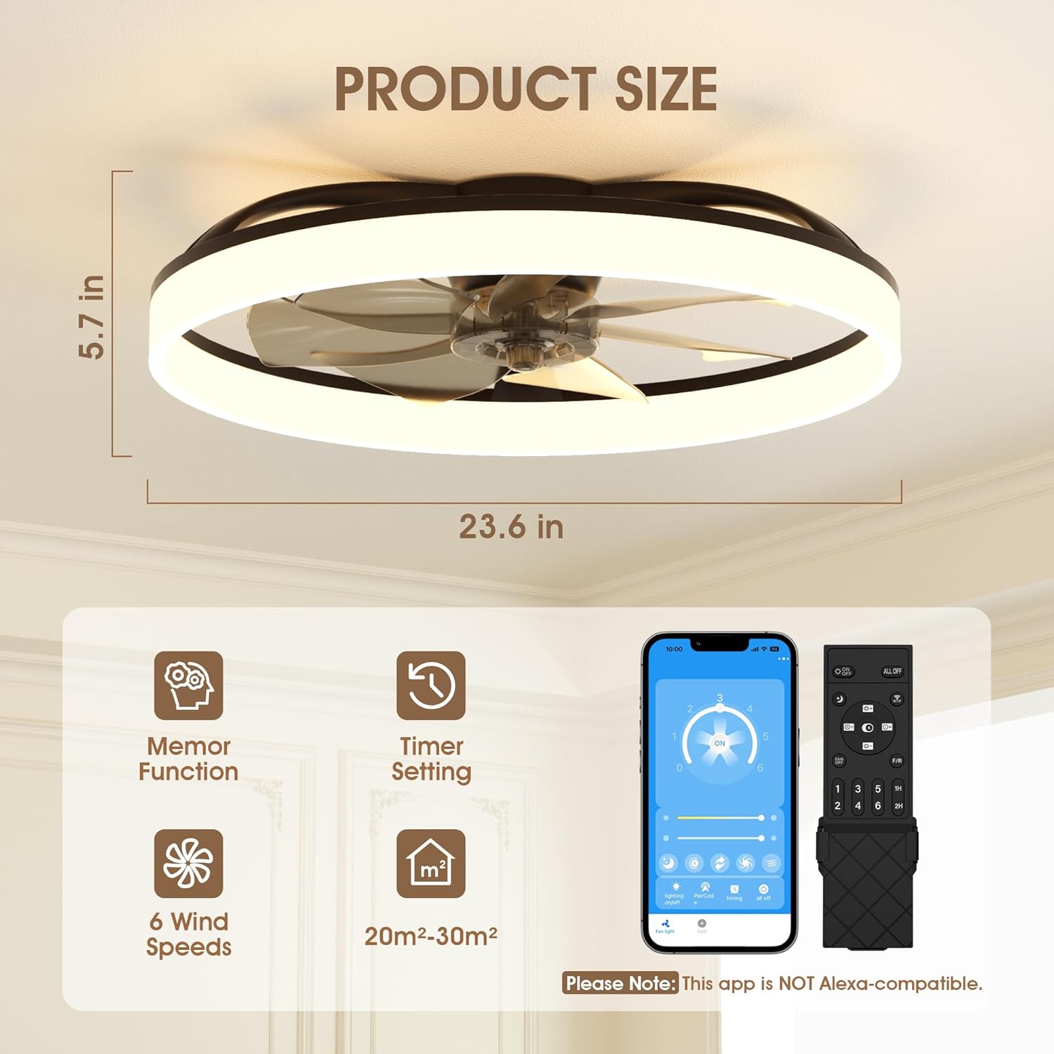 Thumbnail 4 de NIORSUN 60cm smart LED ceiling fan with lights and remote (6 speeds, 3 colour temperatures)