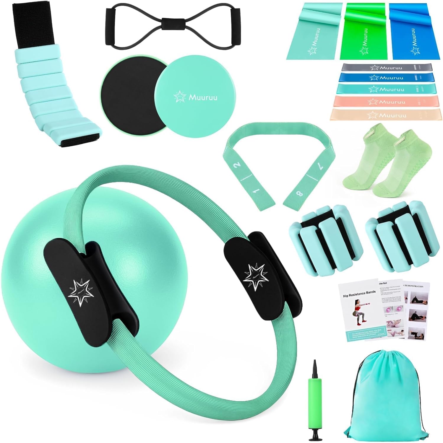 Muuruu Pilates Equipment Kit for Home Workout (14" Magic Circle + Ball, Ring, Bands, Weights & Accessories)