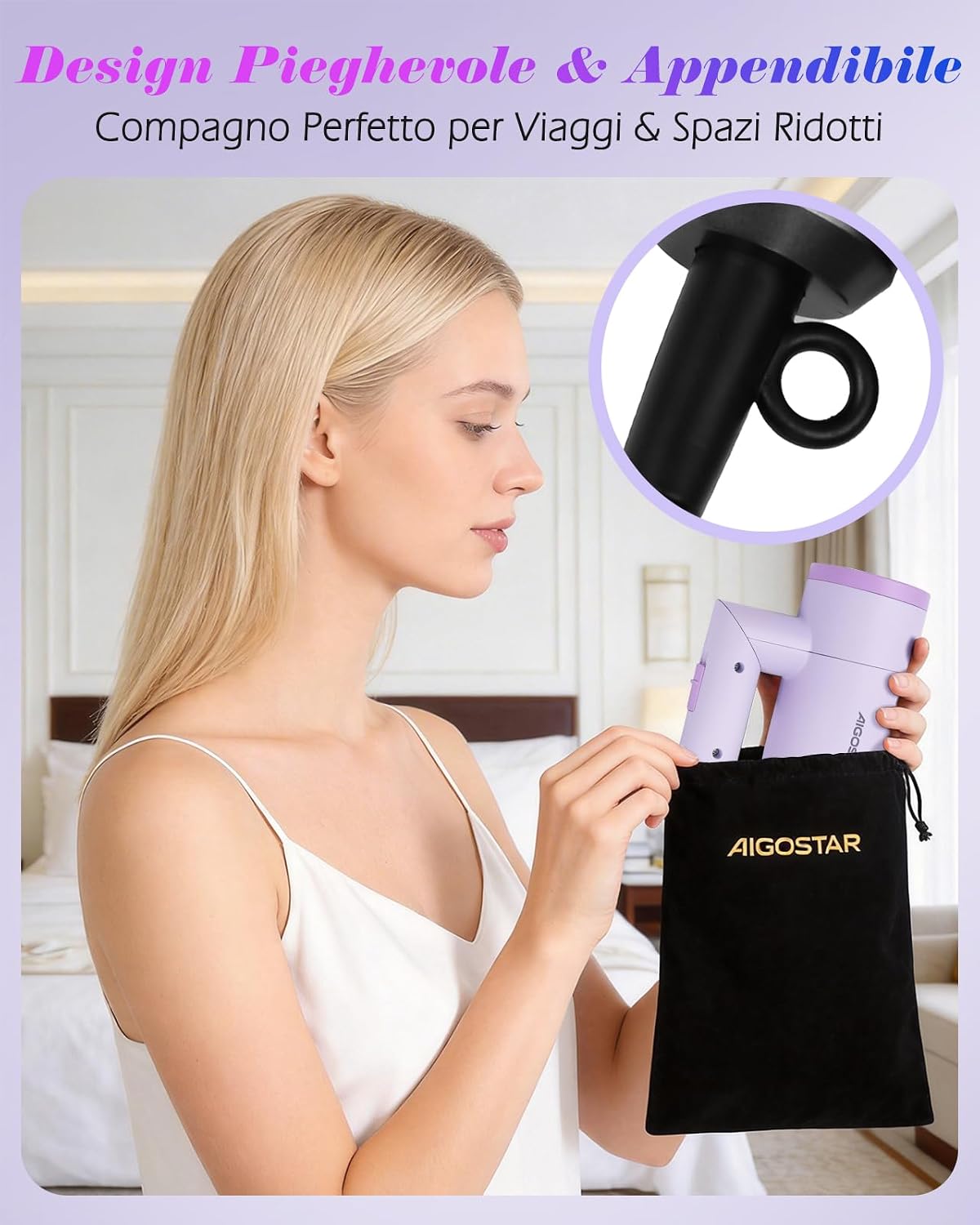 Detalle de Aigostar Phon Capelli 1800W Ionico: asciugacapelli pieghevole da viaggio in viola con 2 livelli di calore e concentratore rimovibile