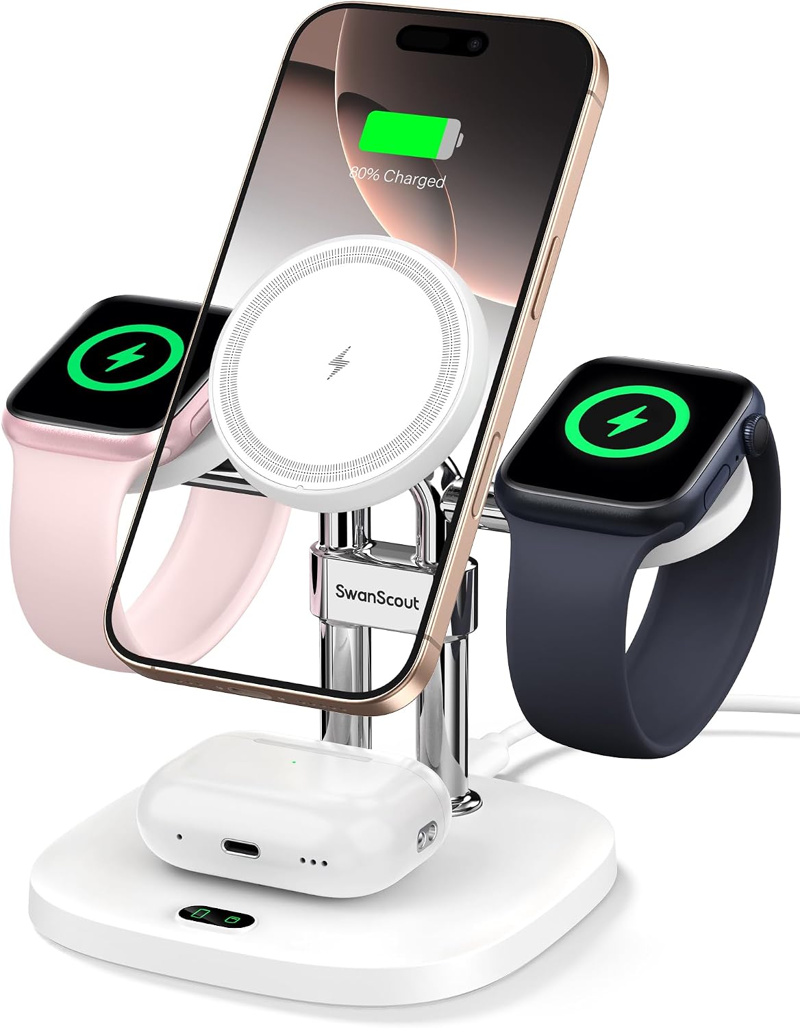 Detalle de SwanScout 709M Dual-Ladestation für Apple Watch – 25W Gesamtleistung, MagSafe-kompatibler Ladebereich