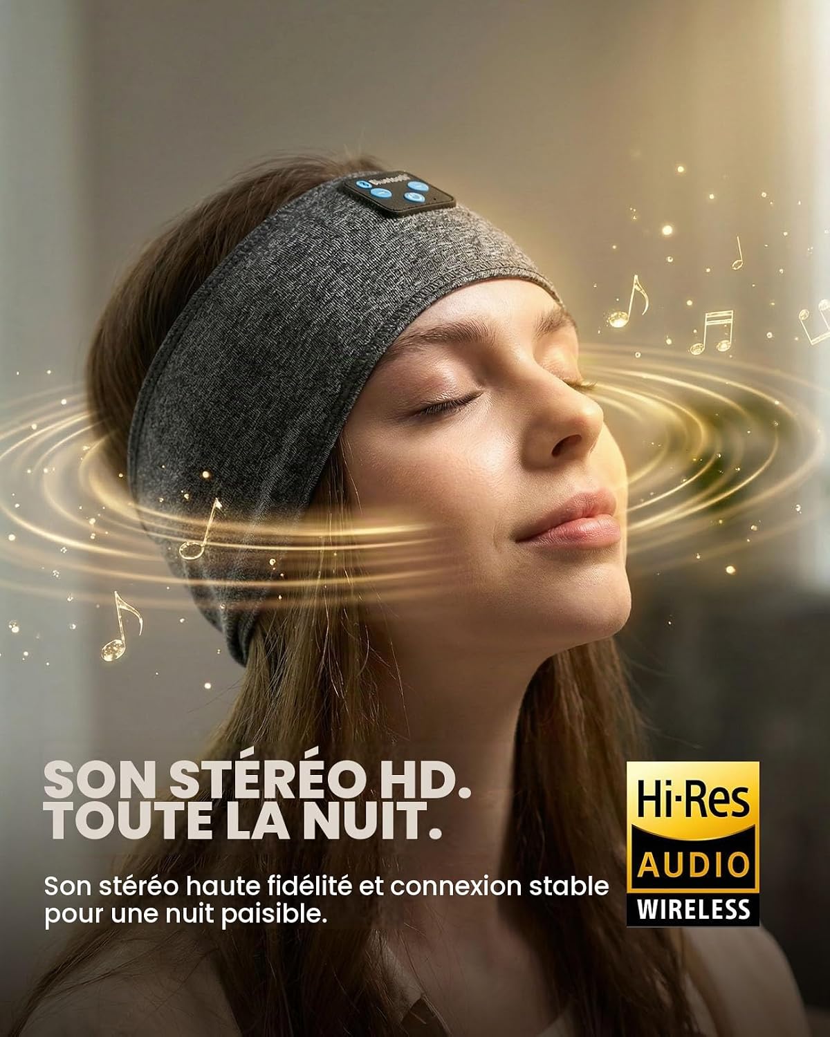 Detalle de Fulext FULH01 Bluetooth-slaaphoofdtelefoon, grijs gemêleerde elastische hoofdband