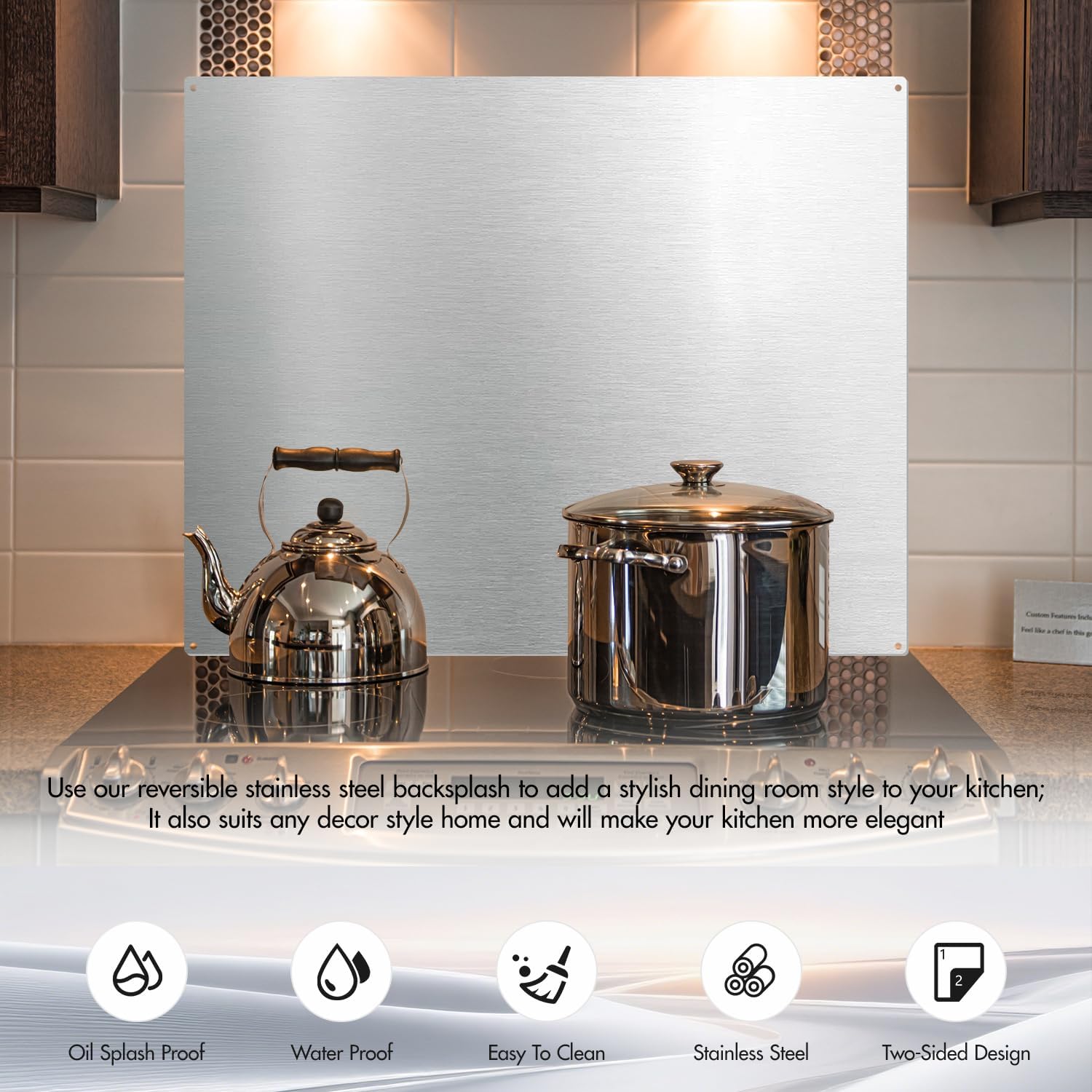 Detalle 1 de micmi 24" x 30" Stainless Steel Stove Backsplash, Reversible Brushed or Polished