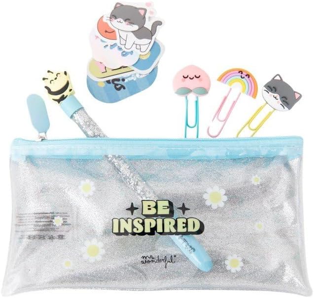Mr. Wonderful Be inspired: Set astuccio trasparente, penna blu, graffette e adesivi glitter