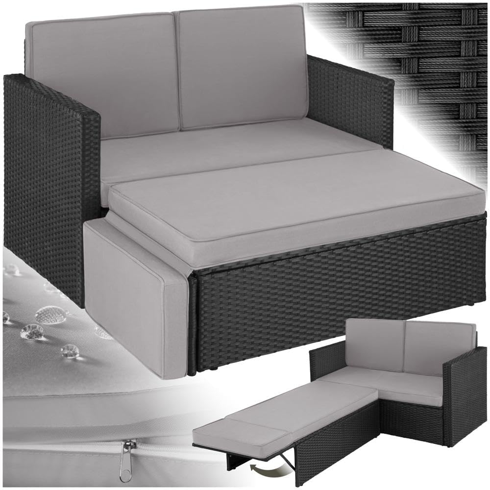 tectake® Sofa Set mit Schlaffunktion: 2-Sitzer Sessel + Hocker für Outdoor, klappbar, schwarz